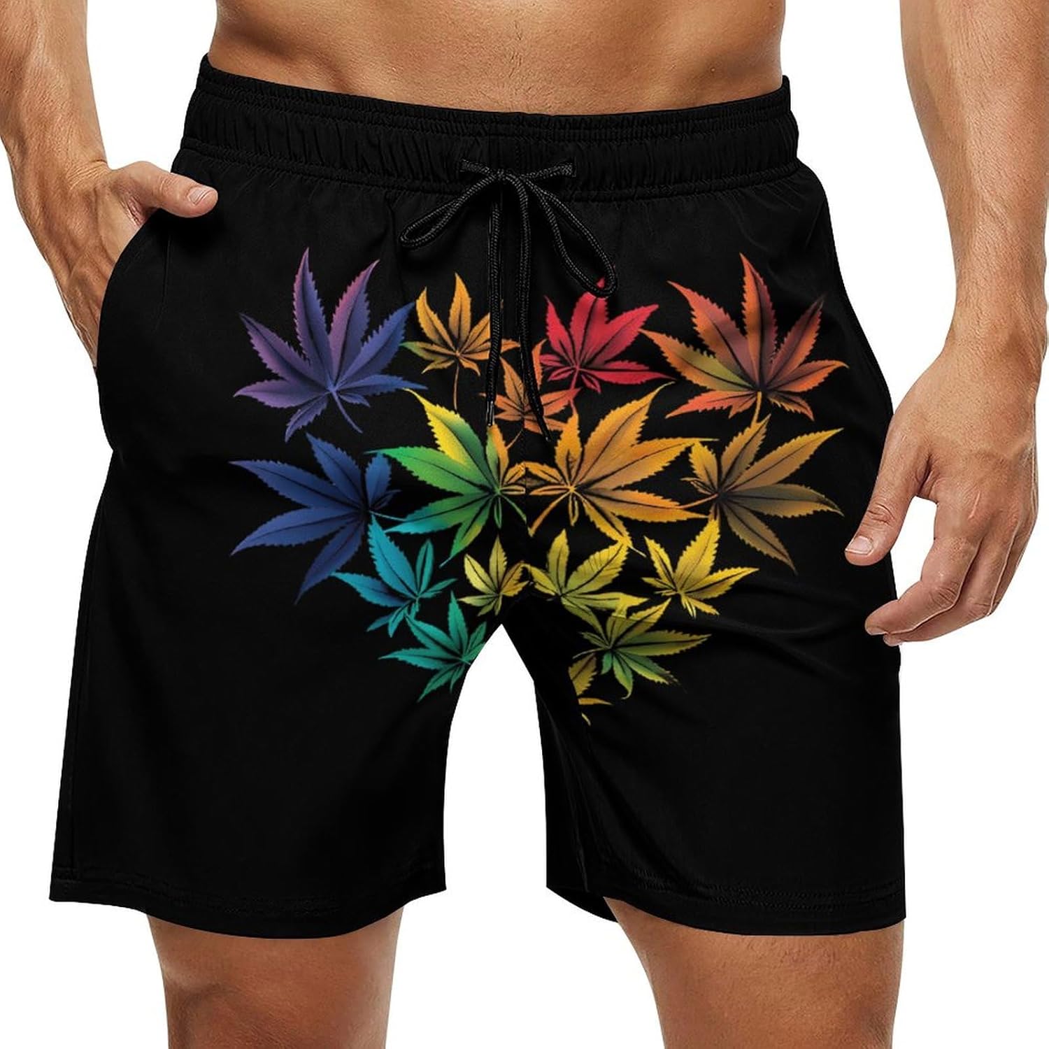 Rainbow Weed Heart Casual Men's Swim Trunks Novelty Summer Beach Shorts Swimwear with Pocket