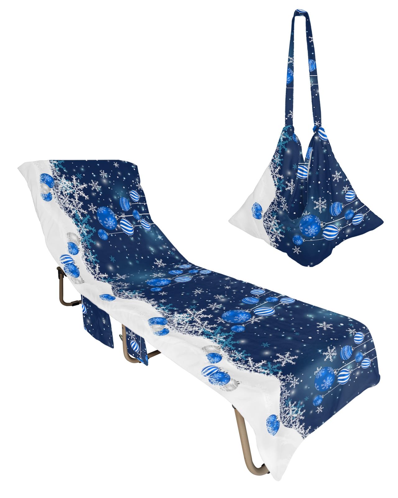 Christmas Balls Beach Chair Towel Covers for Chaise Lounge with Side Pocket, Soft Plush Pool Towels Cover for Patio Sunbathing Outdoor 29''x85'' Winter Fantasy Snowflake Blue