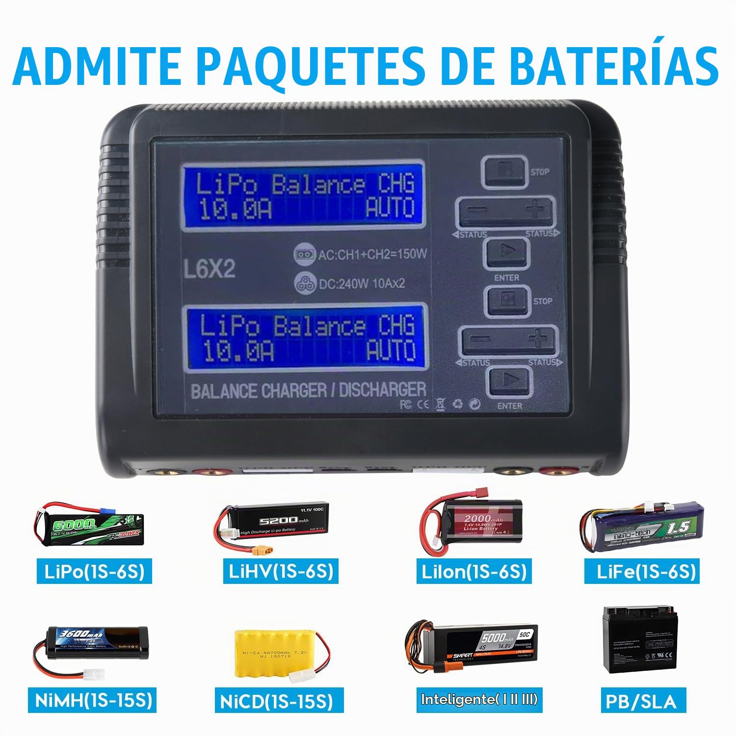 Cargador de Equilibrio de batería de polímero de CA/CC Puertos de Carga duales Potencia de Carga Ajustable Compatible con baterías de polímero de Litio 1-6S Adecuado para 1/10 RC Car Drone
