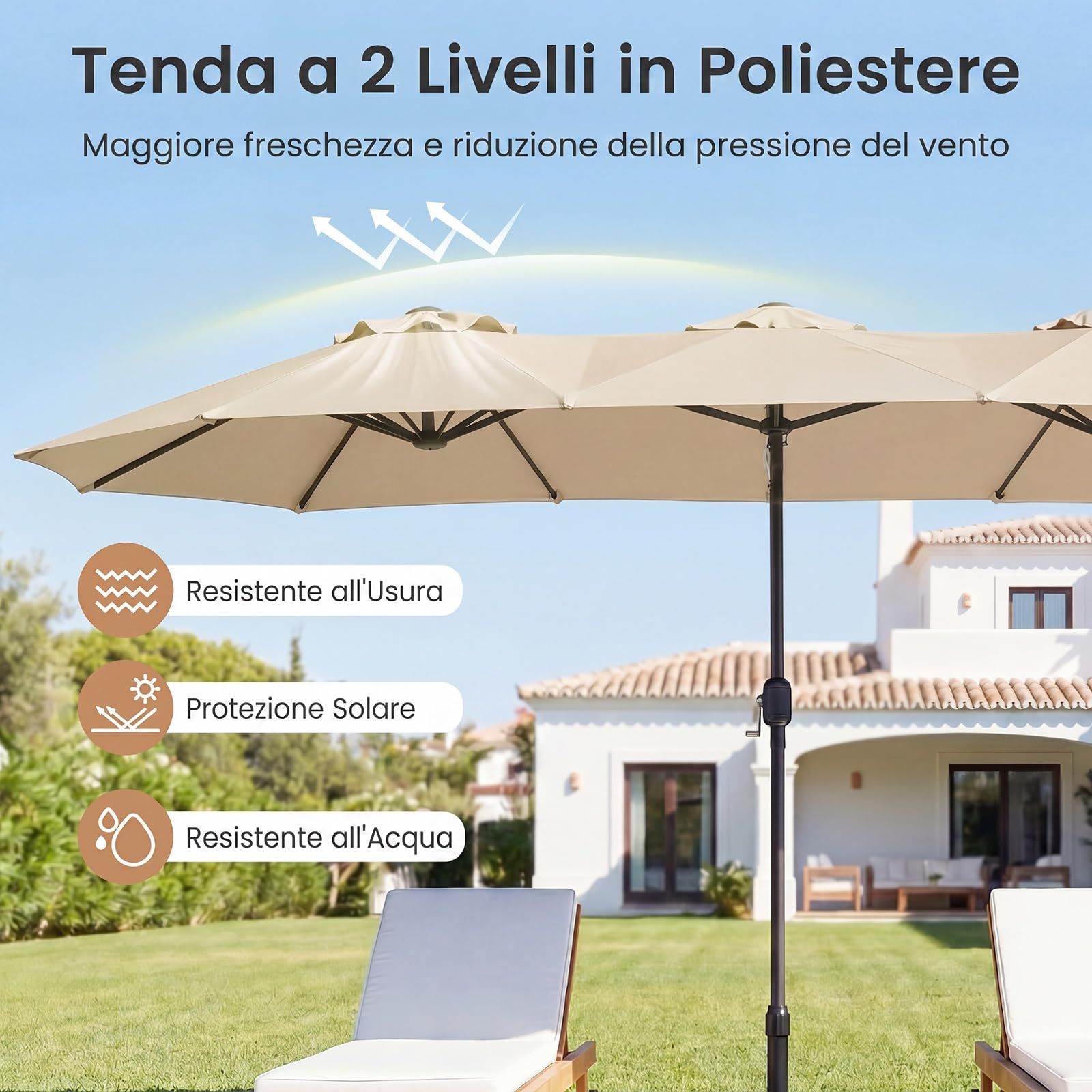 COSTWAY Ombrellone da Giardino Doppio 375 x 215 cm, con Manovella, Anti-UV, 12 Stecche Metalliche, per Terrazza, Piscina e Cortile (Beige, 375 x 215 cm non luci)