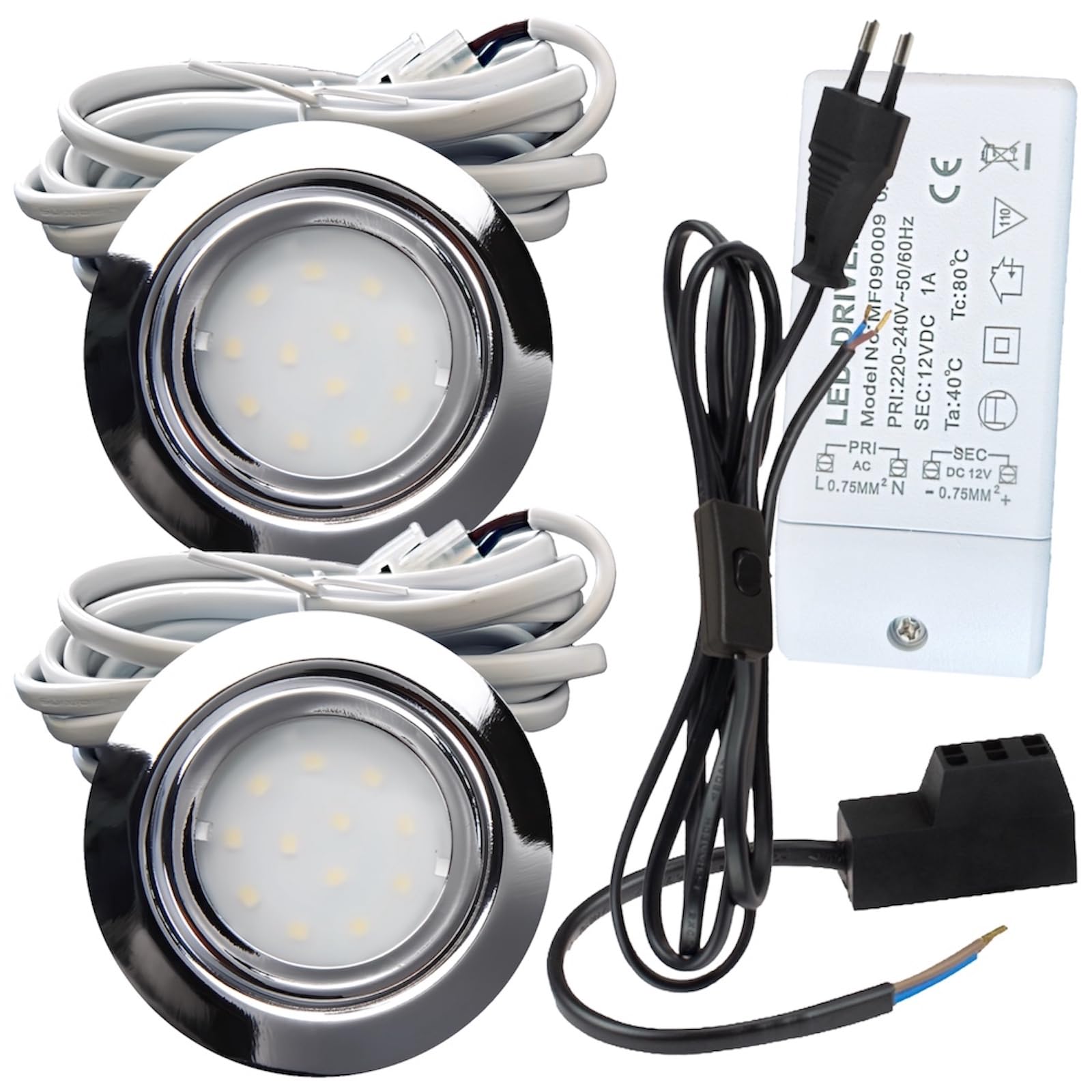 2er Set LED Einbauspot Leni 12V 2W Warmweiß 3000K Chrom | IP44 Ø72mm flach | 240lm je Leuchte | Mit Trafo, AMP-Verteiler & 230V Zuleitung inkl. Schnurschalter | Für Küche & Möbelbeleuchtung