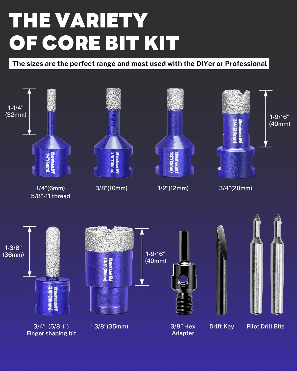 9 PCS Diamond Hole Saw Kit with Pilot Bit Adapter, 1/4" - 1 3/8" Thickened Diamond Core Drill Bit Set, Includes Tile Shaping Rod, for Porcelain, Ceramic, Granite, Marble, Stone