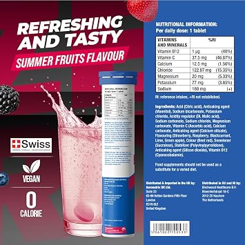 Fast&Up Reload Zero Electrolyte Tablets | Zero Sugar & Calories | Summer Fruits Flavour | 100 Effervescent Tablets with Vitamin C & B12 | Instant Hydration & Energy