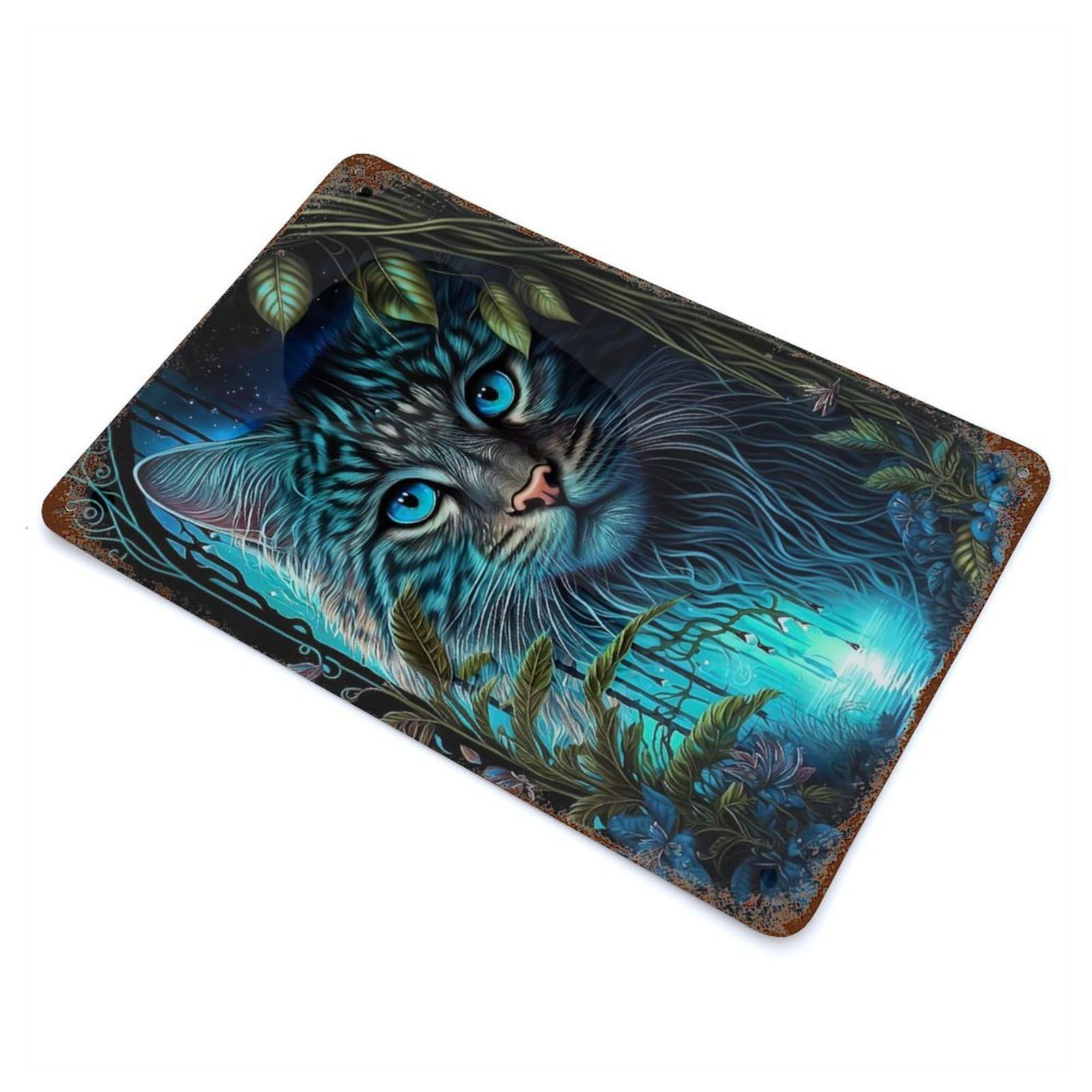 Rust Effect Blue Eyes Cat in Jungle Weathered Tin Sign 11.8"x7.9", Novelty Wall Decor for Office, Studio And Wall Decor