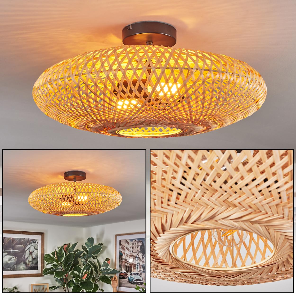 HOFSTEIN Deckenleuchte Boggsjo, Deckenlampe aus Metall/Bast in Schwarz/Naturfarben, runde Leuchte im Boho-Design (Ø 50 cm) mit tollem Lichteffekt, E27, Esszimmer, Wohnzimmer, Schlafzimmer, Küche