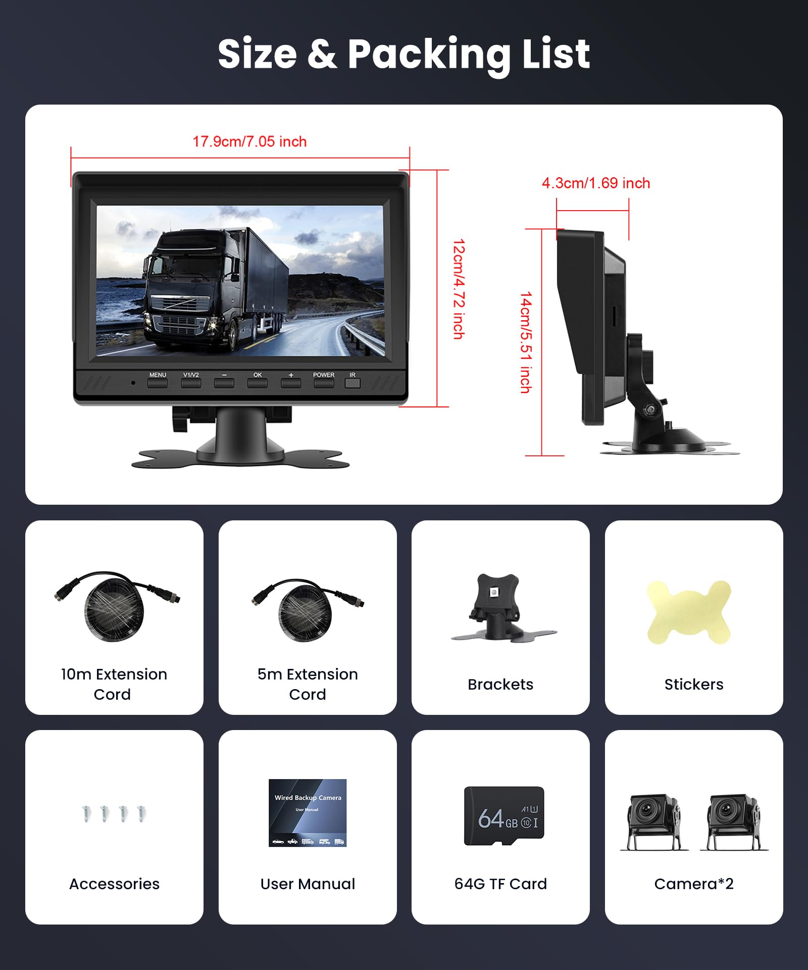 VECHTEL 2*Rückfahrkamerakabel mit 7"-Monitor, Einparkhilfe, 18-LED-Rückfahrkamera, Nachtsicht/IP68 wasserdicht für SUVs, Loop-Videoaufzeichnung mit 64-GB-SD-Karte, 12–24 V DC