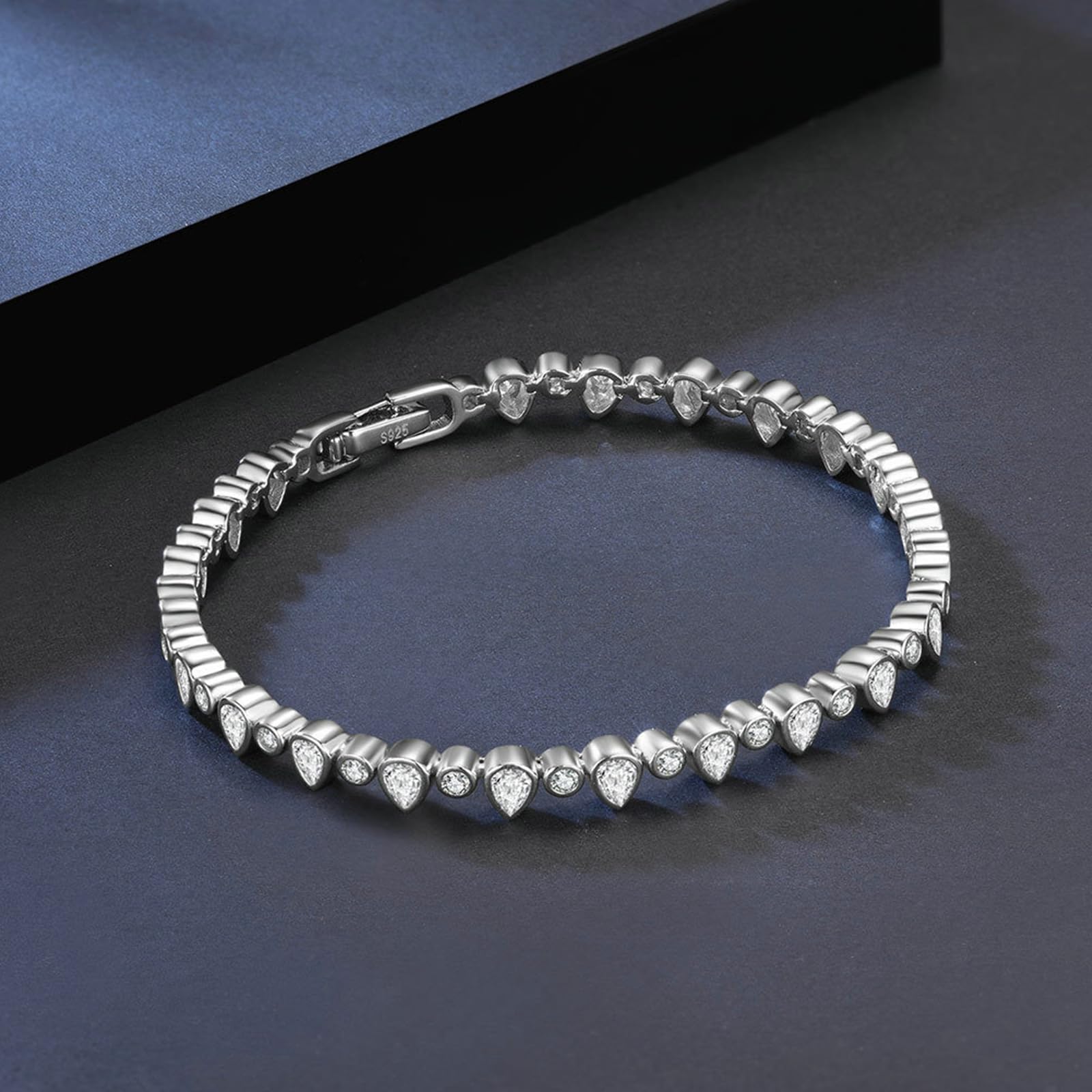 Pulsera de plata de ley 925 para mujeres y niñas, pulseras de tenis, gota de agua y circonita cúbica redonda, pulseras de la amistad para niñas y mujeres