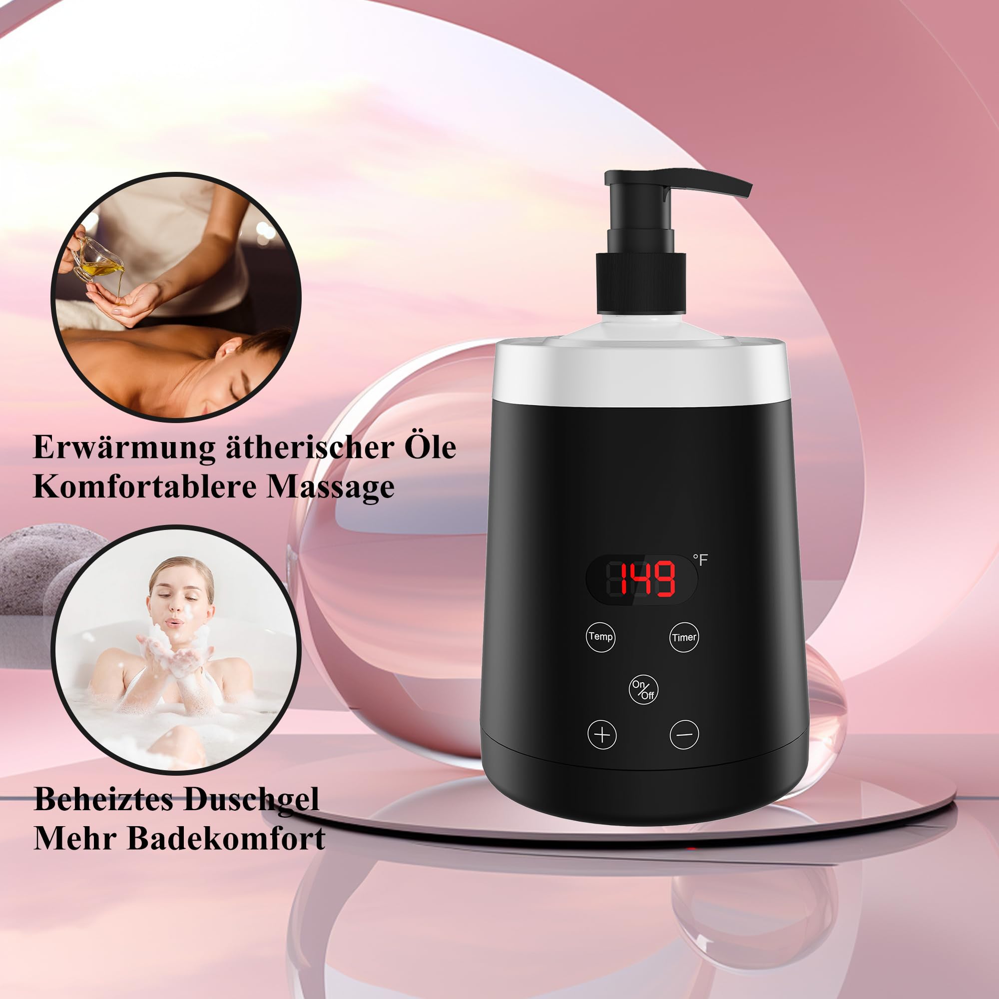 Massageöl Wärmer, Öl Erwärmer mit zwei Ölflaschenspender, 0-65°C, Lotion Flaschenwärmer, Schwarz