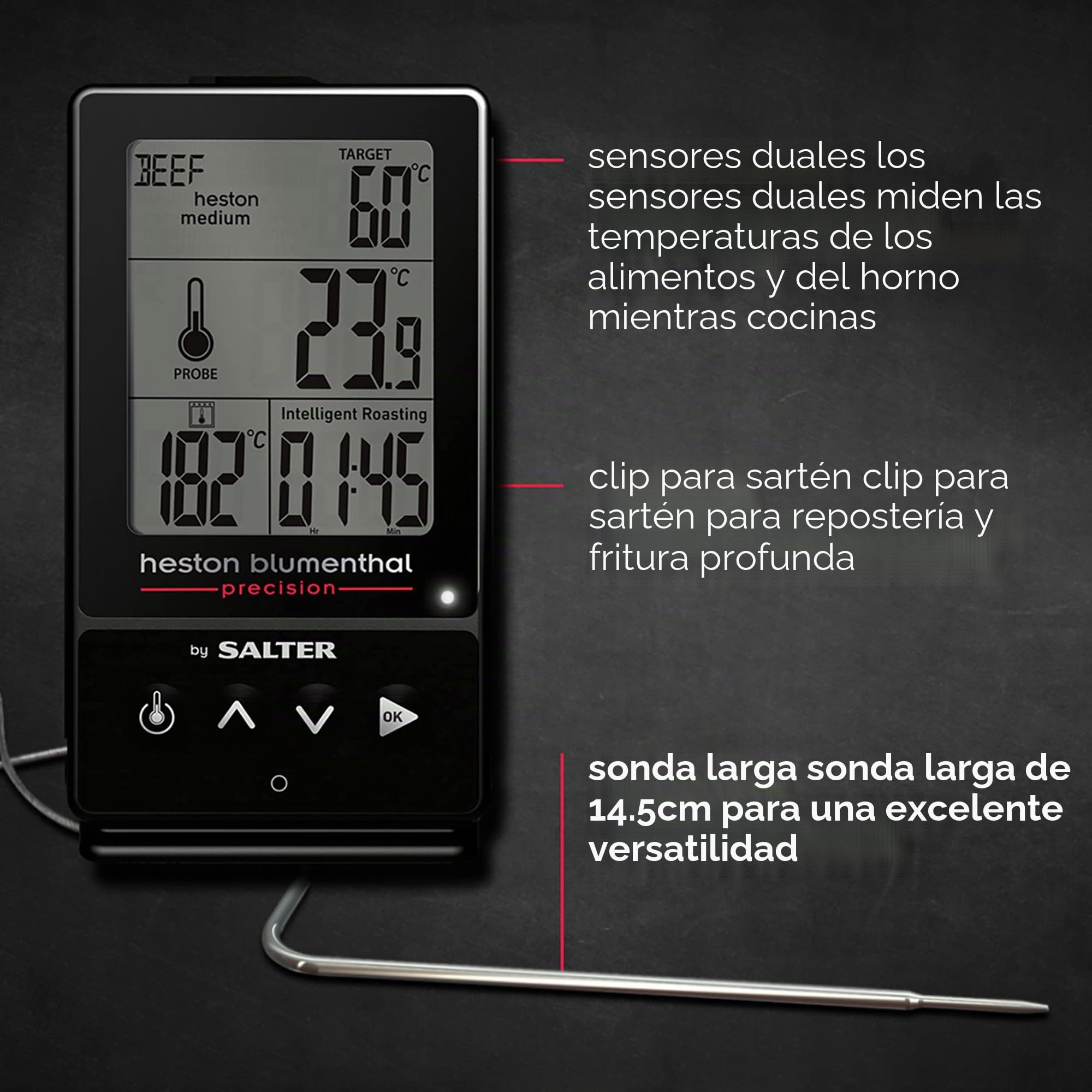 Salter 540A HBBKCR Termómetro Digital 5 En 1 Con Precisión de 0,1 °C, De La Colección Heston Blumenthal Precision, Mide Hasta 5 Veces Más Rápido, Sonda De 14.5 cm, Pinza Para Bandejas Incluida, Negro