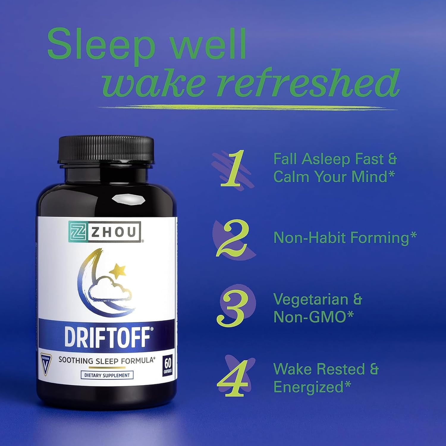 ZHOU Driftoff - Nature Inspired Sleep Aid, Valerian Root & Melatonin for Sleep for Men & Women, Calm Sleeping Supplement for Adults with GABA & Chamomile to Relax - 60 Veggie Capsules (Pack of 2)