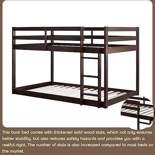 Miniatura 4 de Harper & Bright Designs Literas bajas, tamaño individual sobre individual, marco de litera de madera con escalera de barandilla de seguridad