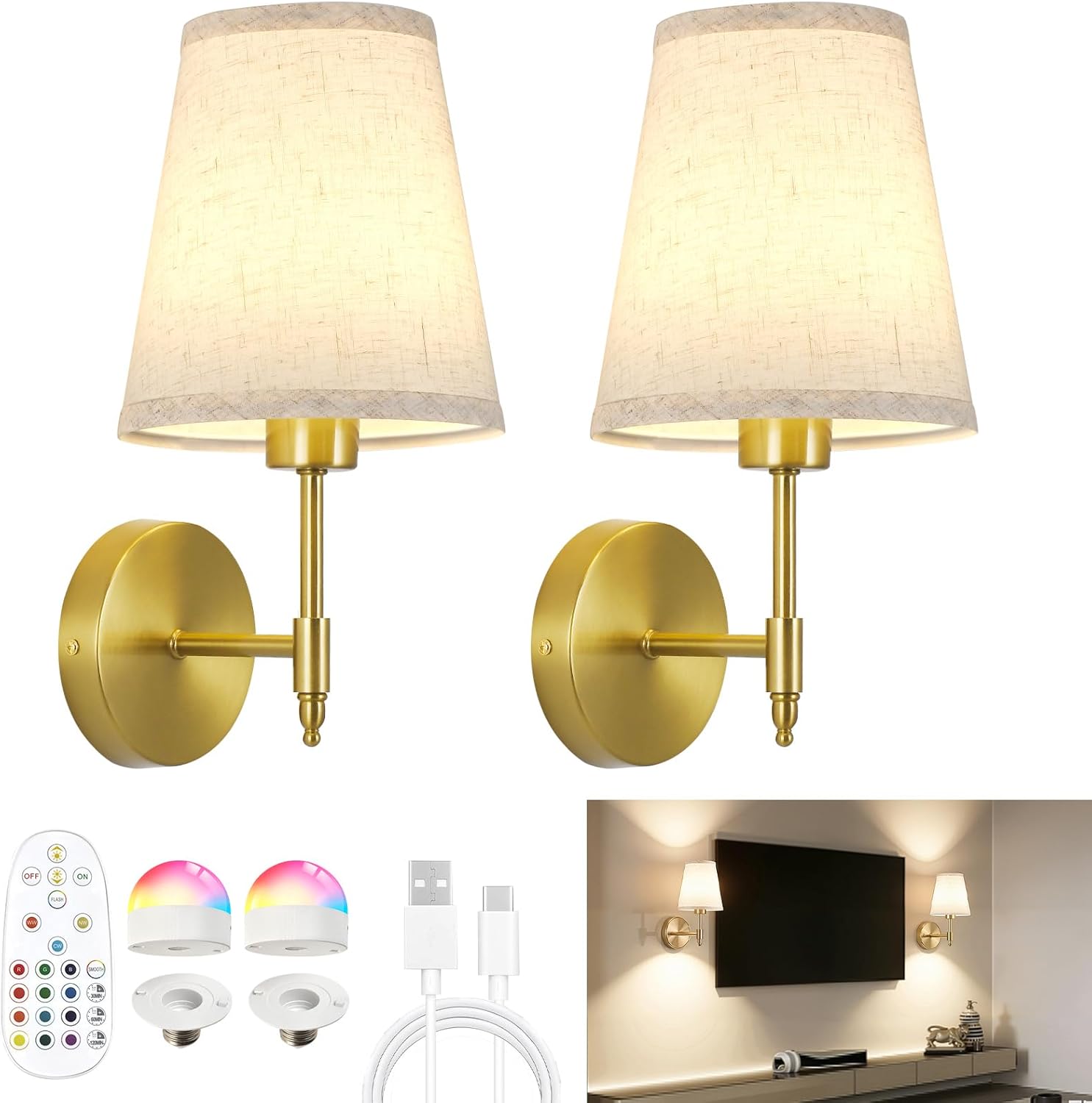 Battery Operated Wall Sconces Set of Two, Dimmable Rechargeable Battery Wall Light with RGB Bulb, Rechargeable Wall Mounted Sconce Lamp with Remote Control for Bedroom, Living Room, Entryway, Gold