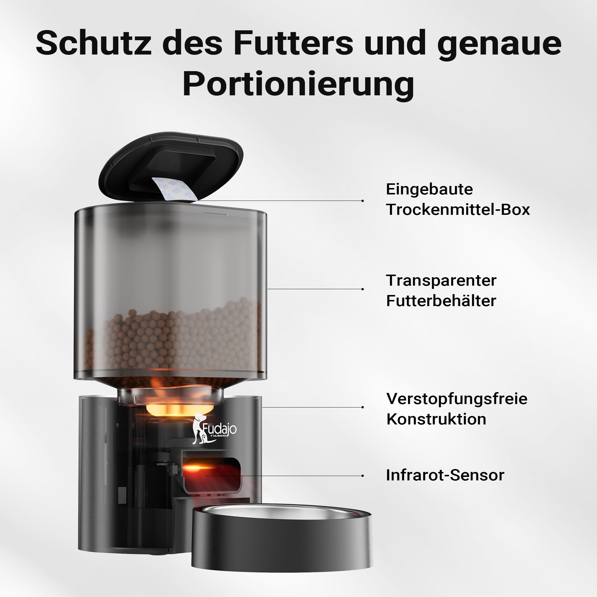 Fudajo Futter- und Trinkautomat für Katzen & Hunde in Schwarz, 3 L Futterspender und 2,5 L Trinkbrunnen, Fütterung mit App-Steuerung für Trockenfutter