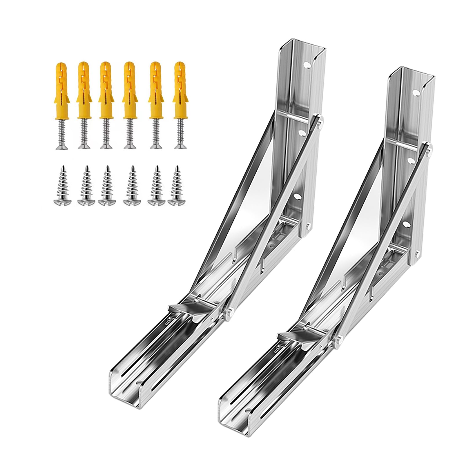 Hyznengu 12inch Folding Shelf Brackets ,Heavy Duty Stainless Steel DIY Wall Mounted Shelf Bracket with Screws Metal, Space Saving for Table Work Bench , Pack of 2