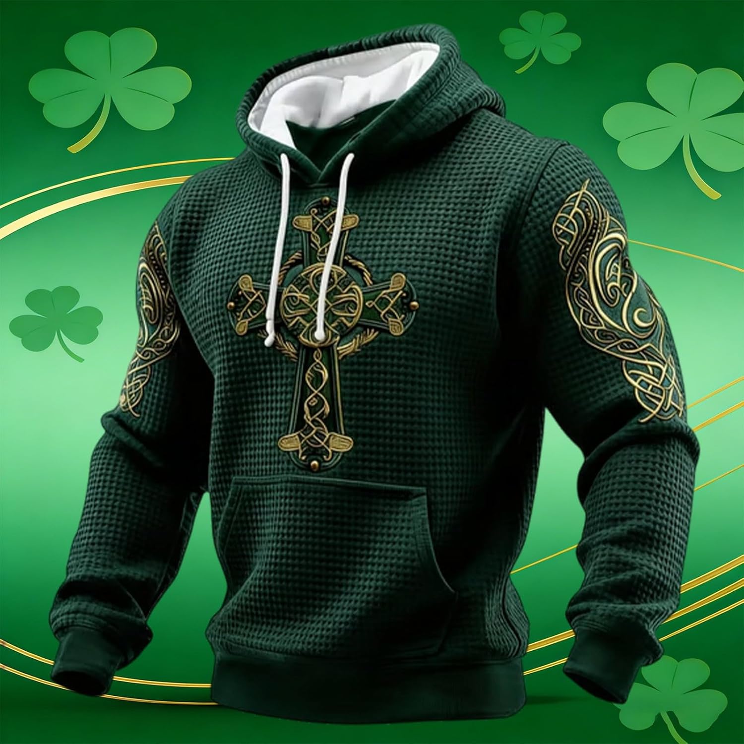St Patricks Day Hoodies for Men 2026 Irish Shamrock Clover Waffle Graphic Pullover Casual Shirt Holiday Outfit - Image 2