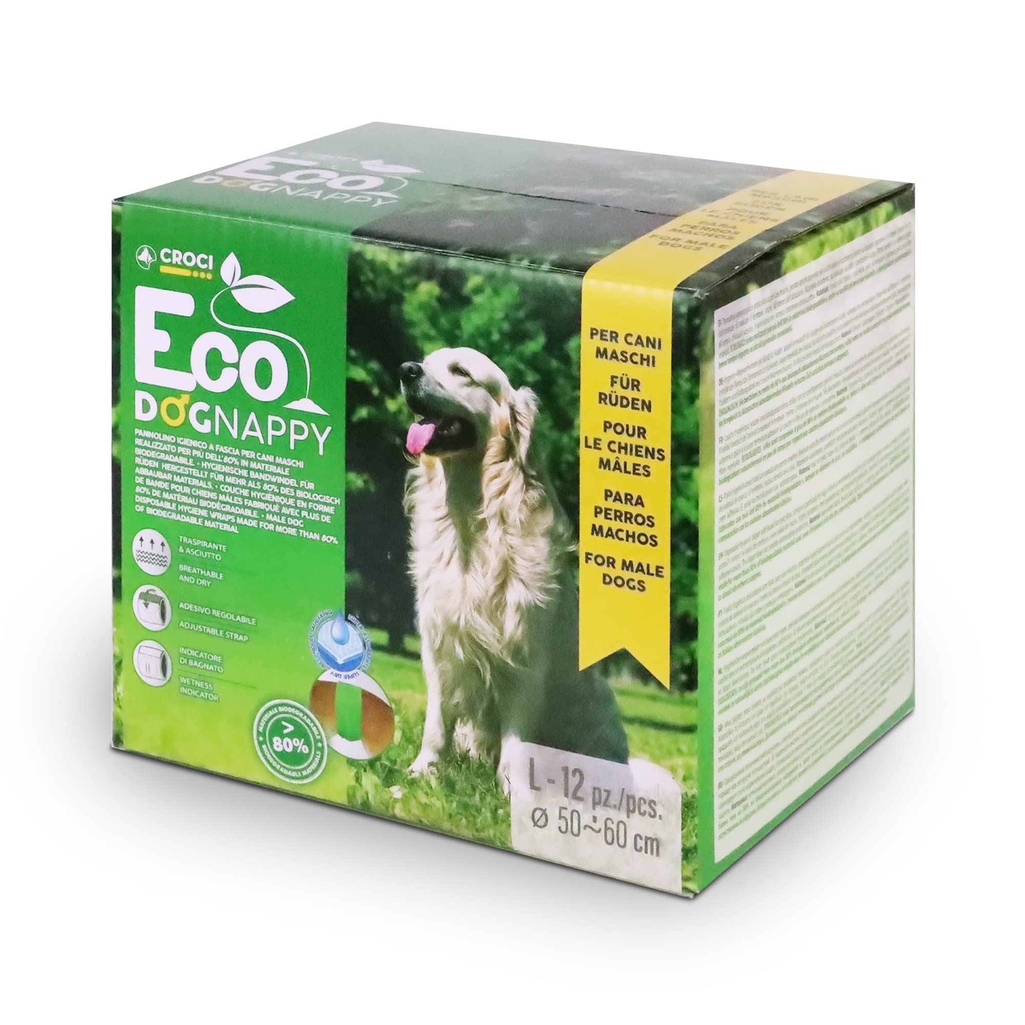 Croci Eco Dog Nappy - Pañales para Perros Macho biodegradables, Calzoncillos para Perros para orinar, Pañales con Banda higiénica para Perros machos, antiolor, Desechables, 12 Piezas, L, 50-60 cm