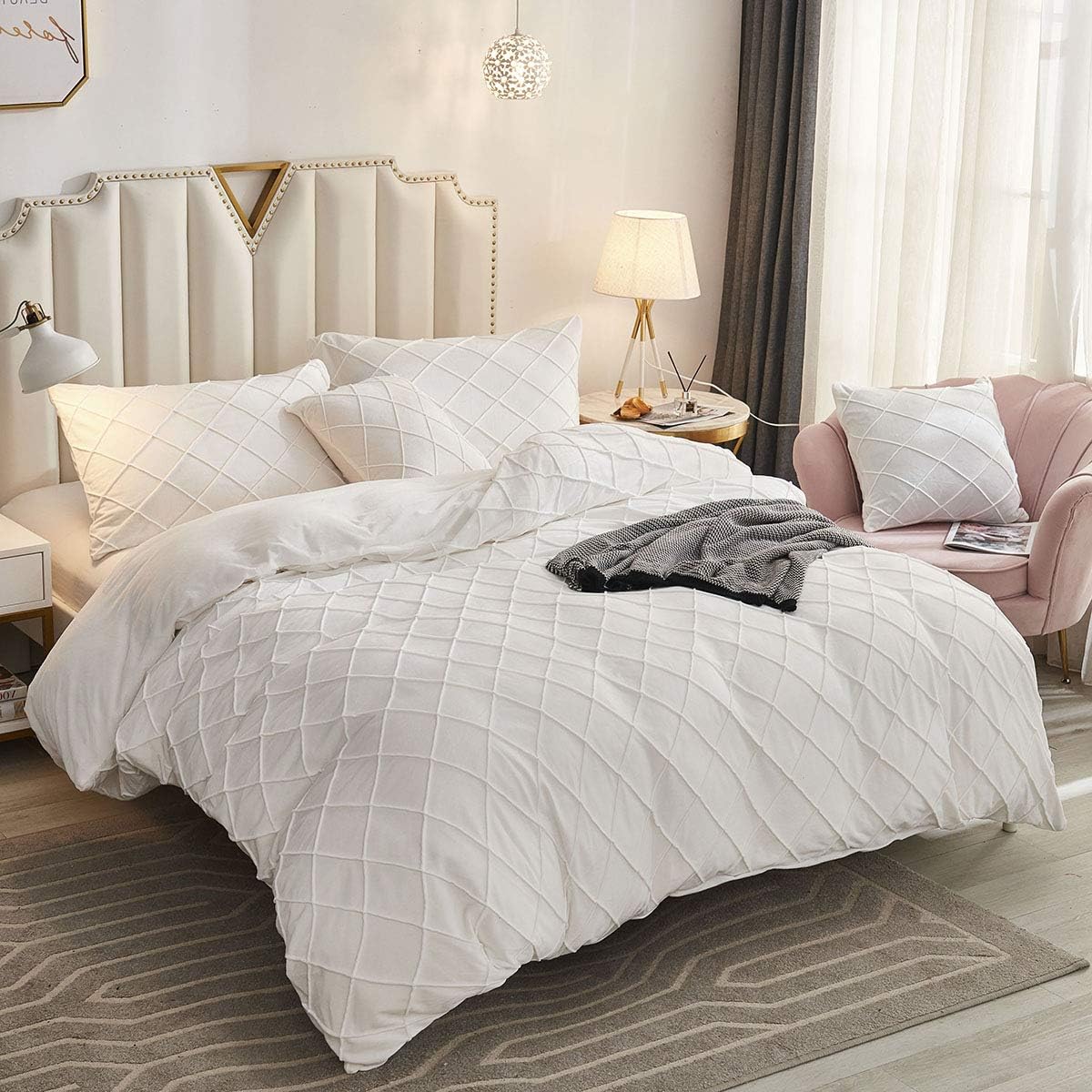 JAUXIO Diamond Pinch Pleated Crystal Velvet Bedding Set Solid Pintuck Duvet Cover with Pillow Shams for Home Decor Zipper Closure (White, Queen)