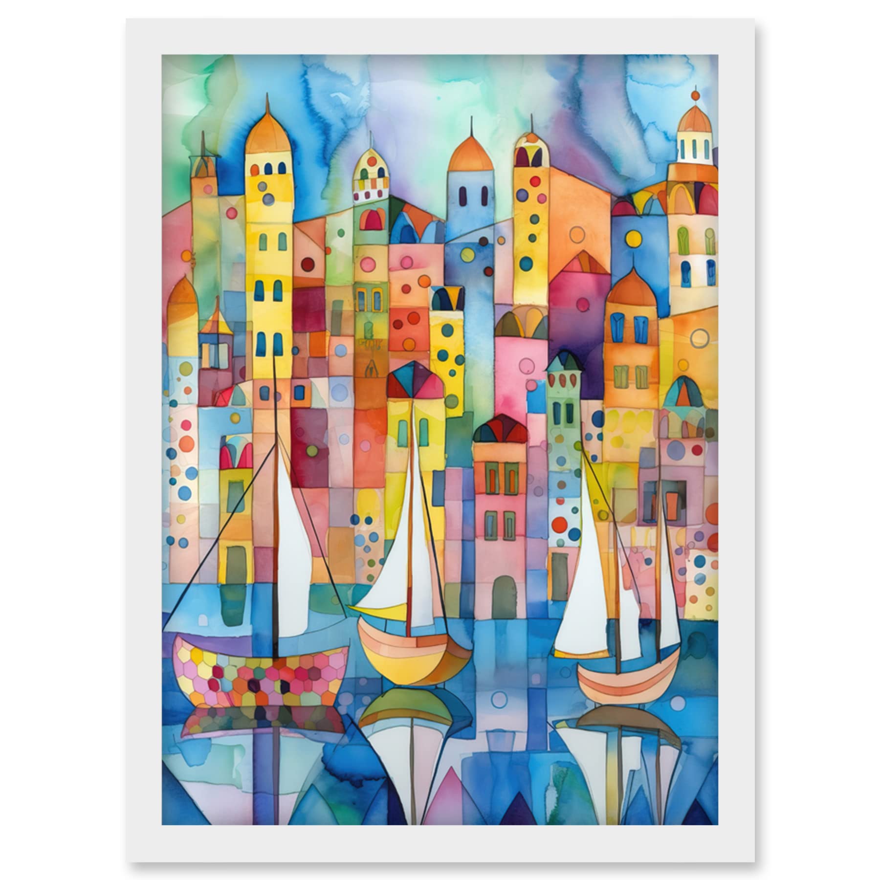 Artery8 Modern Marina Colourful Cityscape Pattern Folk Art Watercolour Painting Artwork Framed Wall Art Print A4