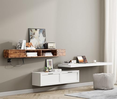 Miniatura 8 de WAMPAT Estante flotante de TV de 70 pulgadas con estación de carga, soporte de TV montado en la pared, soporte de consola multimedia con gabinete de