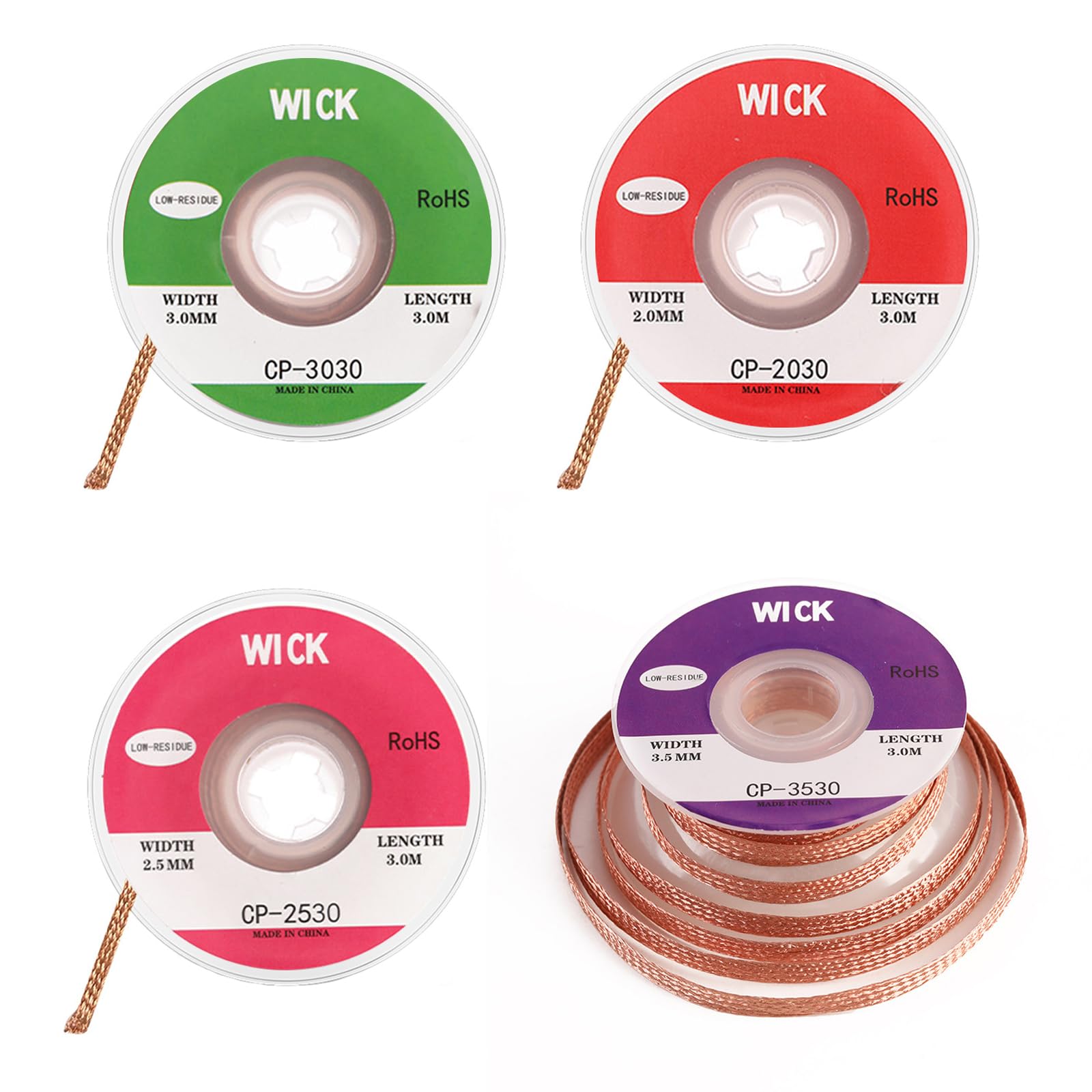 3 m di saldatura, set di 4 pezzi di saldatura, filo dissaldante in rame, senza saldatura, 2 mm, 2,5 mm, 3 mm, 3,5 mm, rimozione dello stagno di saldatura per smontare componenti elettrici