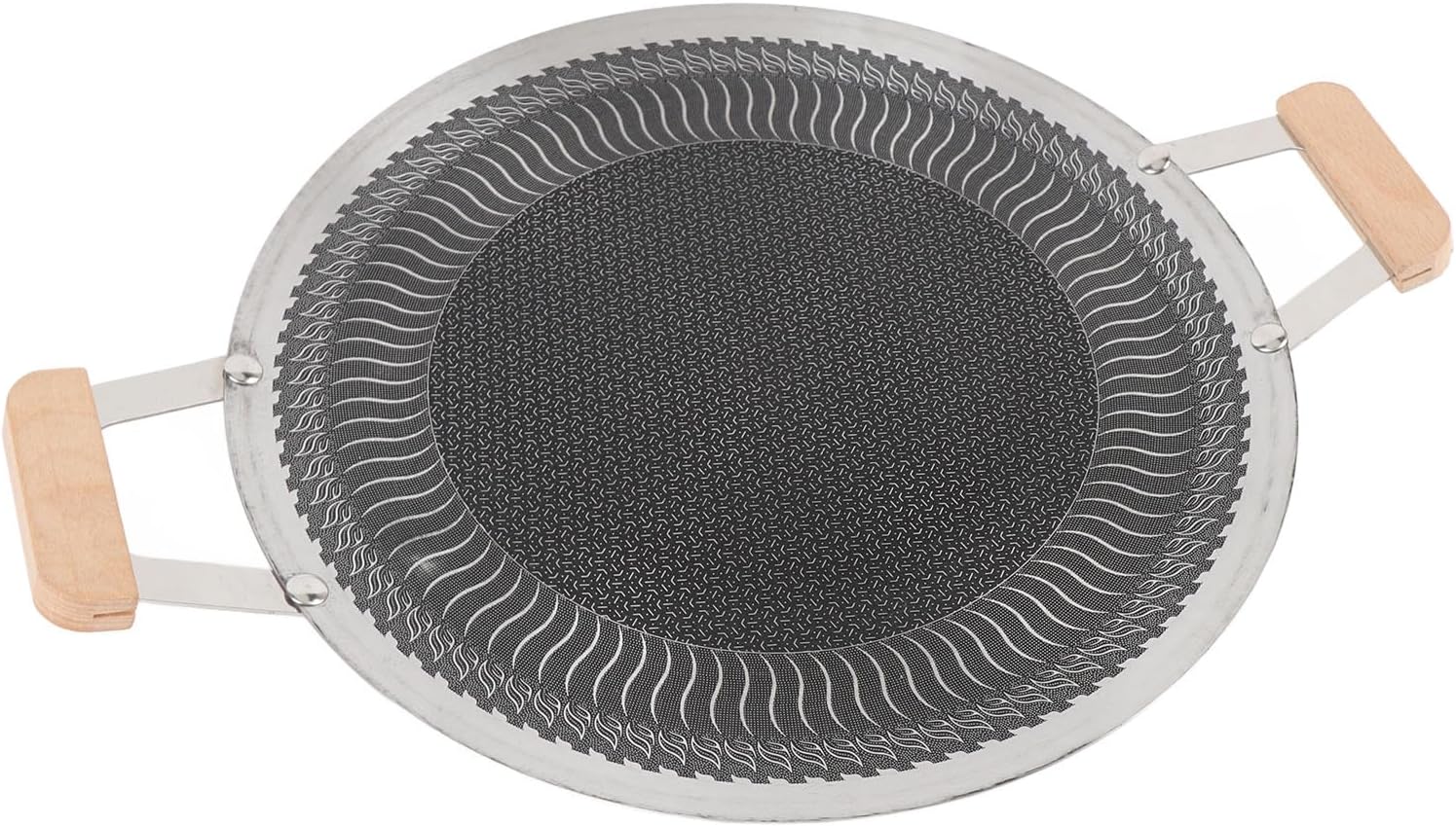 Korean Grill Pan, Stainless Steel Nonstick BBQ Griddle with Wooden Handle, Perfect for Induction Cookers, Gas Stoves, Camping and Outdoor Cooking (38cm)