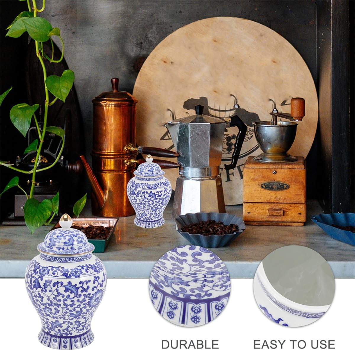 Tarro de Cerámica Azul 44 Oz para Almacenamiento de Té Suelto y Dulces Tapa, Adecuado para Uso en Cocina y Espacio de Trabajo