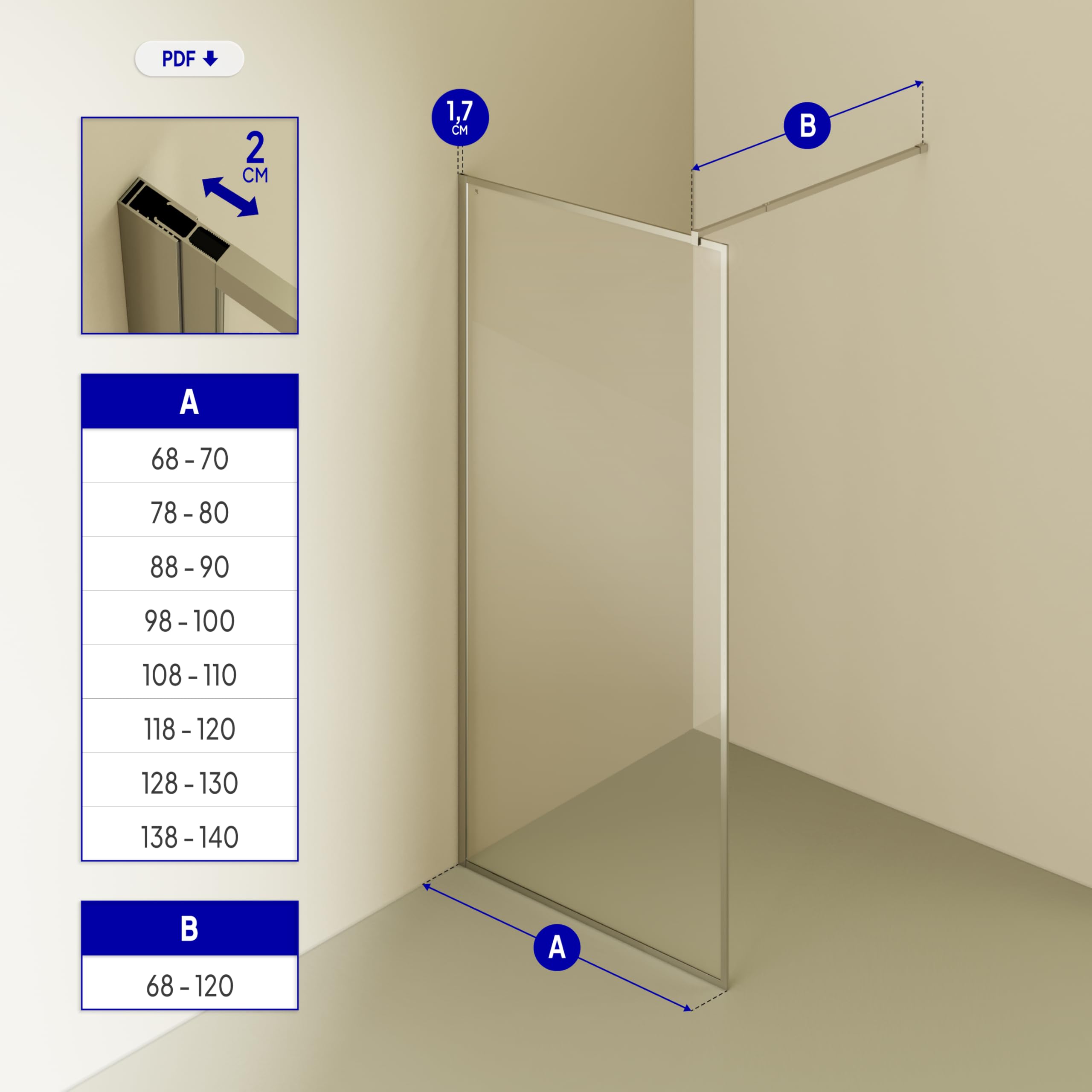 Stały panel prysznicowy z przodu, Walk In Gianna 80x200 cm - ścianka działowa z przezroczystego szkła hartowanego 8 mm, chromowana rama aluminiowa i drążek ze stali nierdzewnej