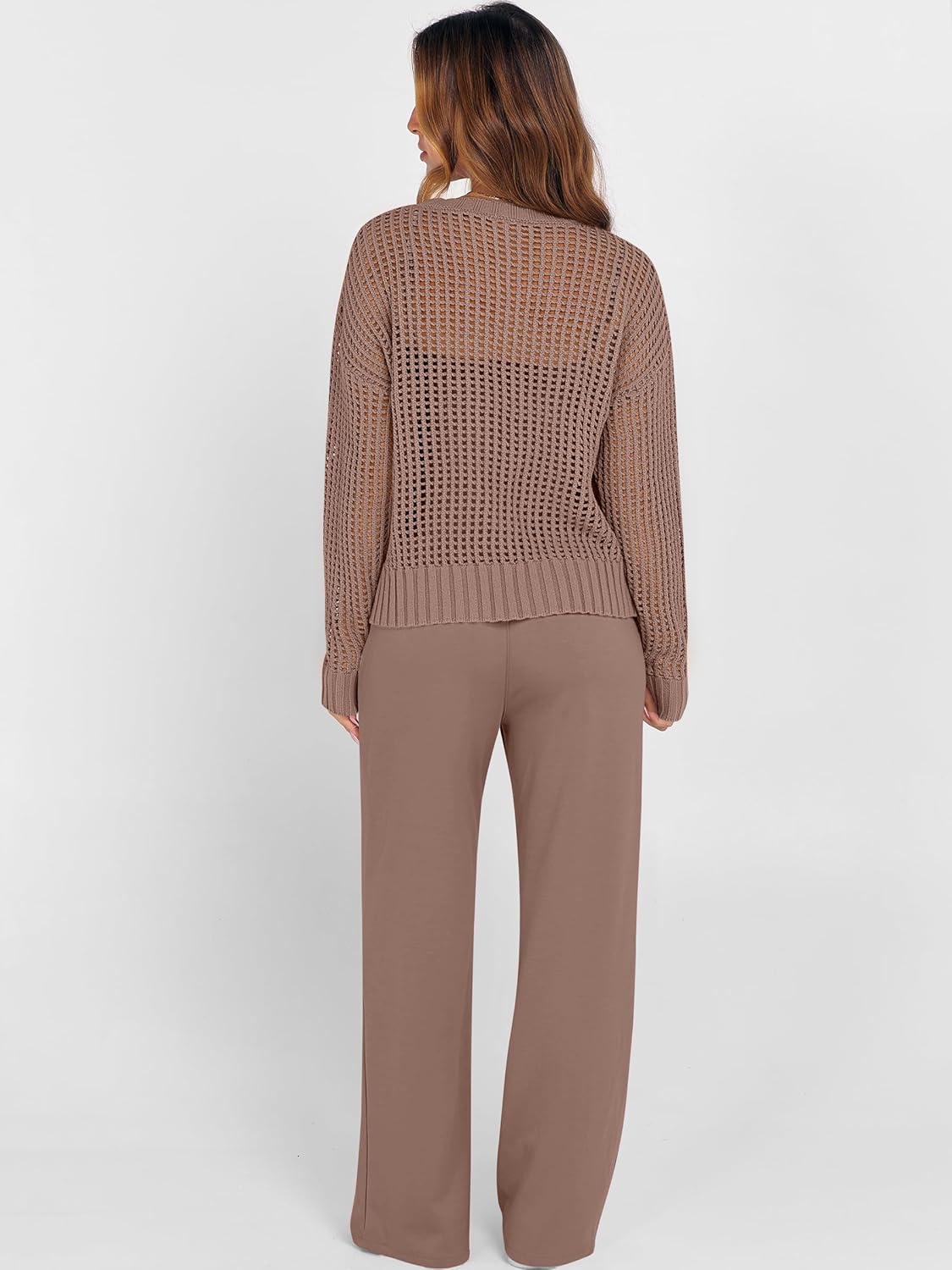 ANRABESS Womens 2 Piece Outfits Crochet Sheer Knit Sweater Top Wide Leg Pants Lounge Set Sweatsuit 2026 Spring Travel Clothes - Image 7