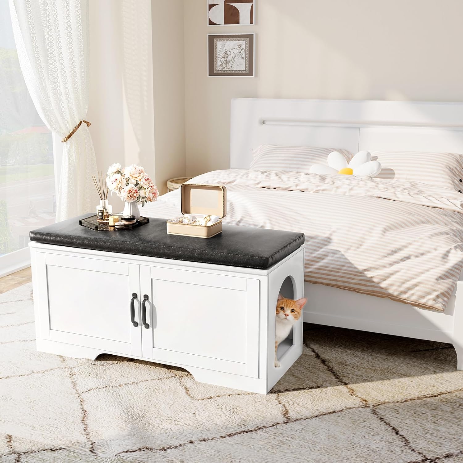 Modern Cat Litter Box Enclosure, 39" Hidden Litter Box Furniture with Removable Padded Seat Cushion, Flip-Top Design, Cat Washroom Bench with Storage Cabinet, Fit Most of Litter Box,White