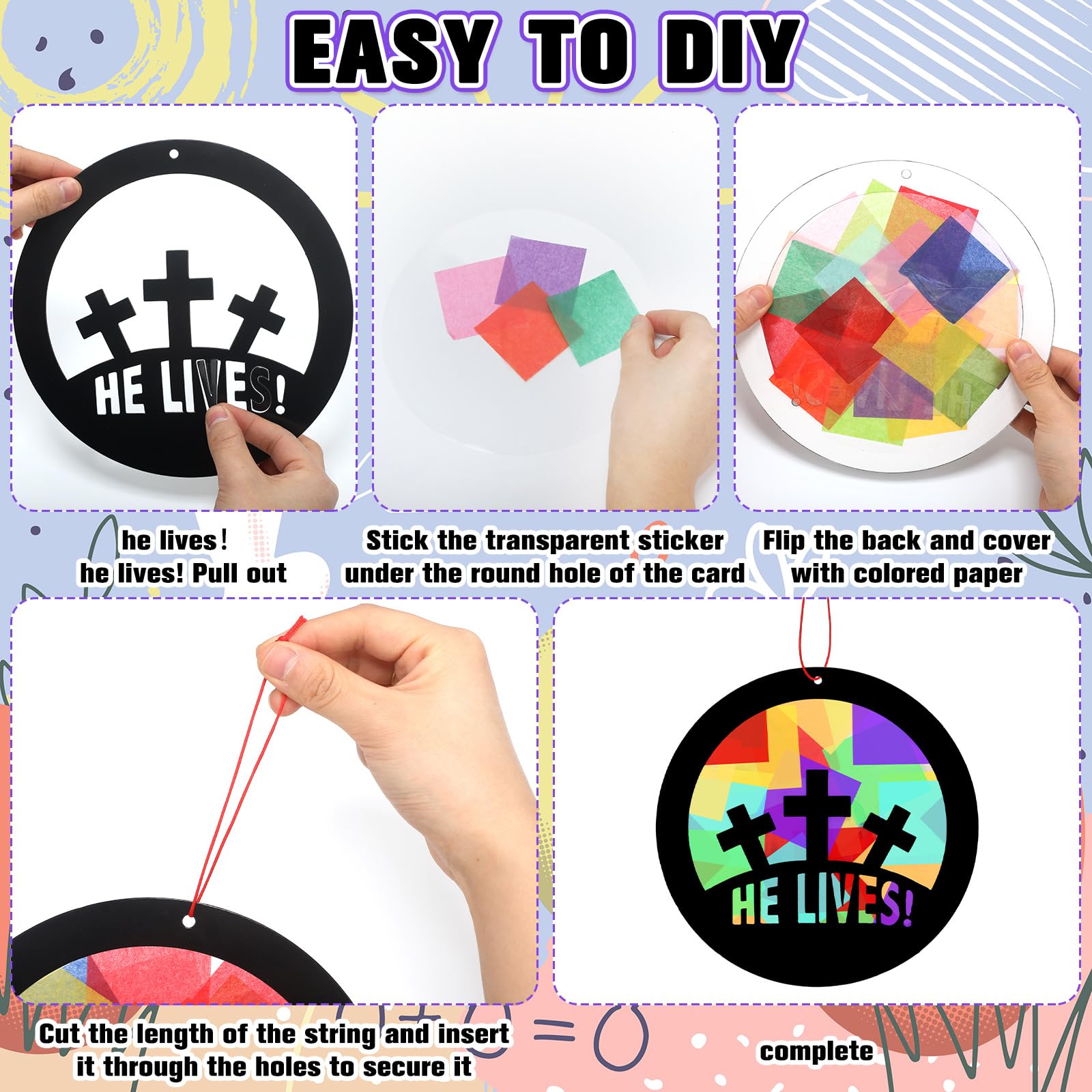 DoubleFill 36 Sets VBS Kreuz-Sonnenfänger, Bastelset, Sonntagsschule, christliches Seidenpapier, Kreuz-Sonnenfänger, Jesus, religiöses VBS-Bastelset, DIY für Klassenzimmer, Kirche, Fenster, Kunst