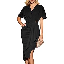 Women's Batwing Sleeve Wrap V Neck Ruched Asymmetrical Hem Cocktail Dress | Dolman Flutter Short Sleeve, Metal Buckle Flattering Bodycon, Back Zipper, Business Work Office, Formal Evening Night Out