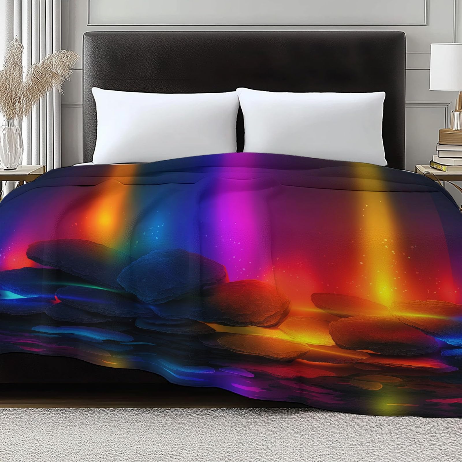 Coperta Plaid Pile in Flanella 180x220 cm Coperta Pile Piccola Luci Al Neon Pietre, Morbida Soffice Calda Coperte per Divano Singolo Matrimoniale Letto Colorato