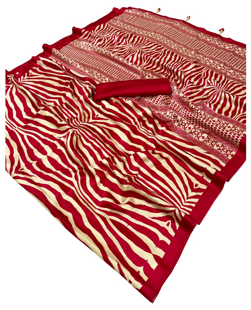 DC ELEMENTS Semi Modal Silk Saree with Tassels Designer Zebra Print Sari with Unstitched Blouse Piece Soft Lightweight Ethnic Festive & Party Wear (A)