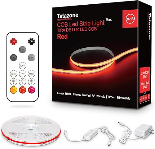 Miniatura 1 de Tatazone Tira de luces LED COB rojas Max con control remoto RF, tira de luz LED COB regulable de 16.4 pies, luz LED COB adhesiva para interiores,