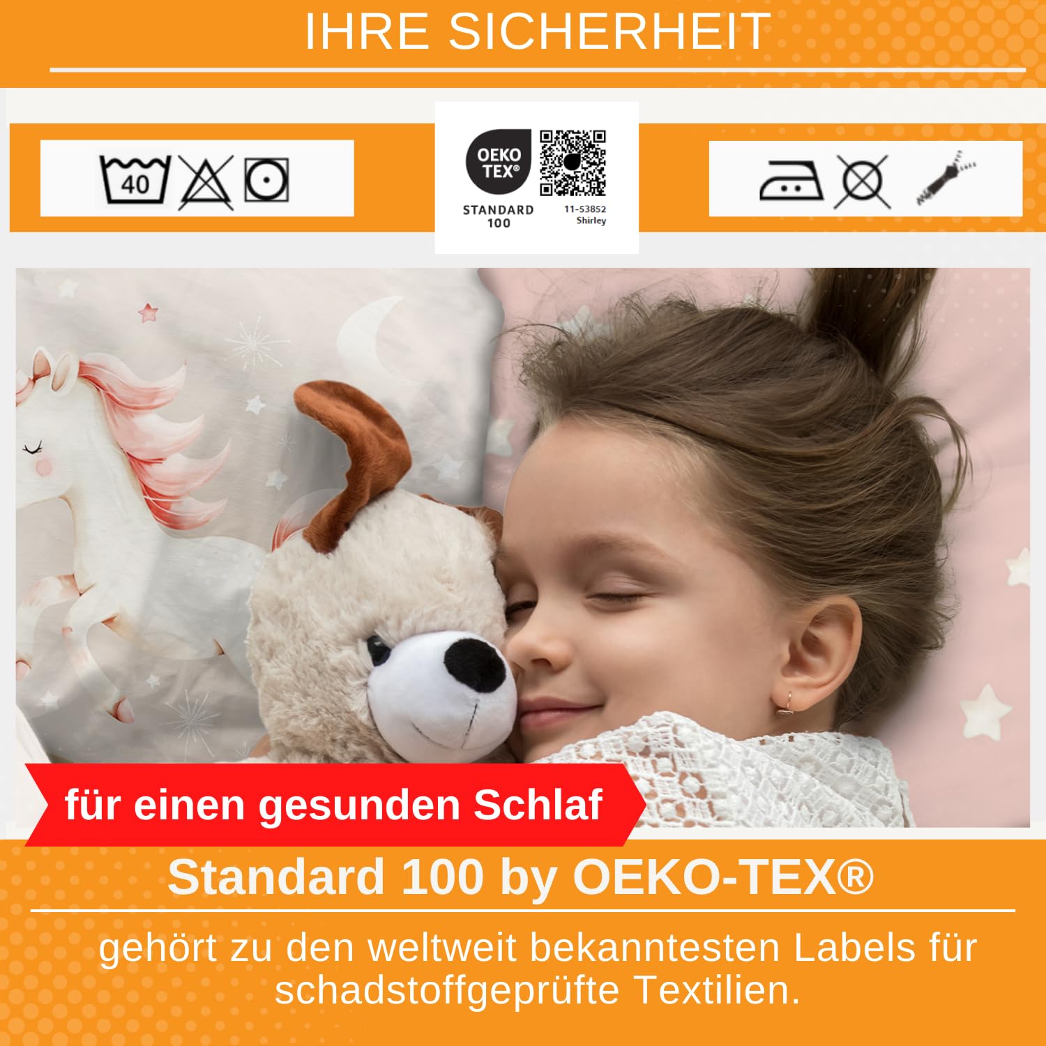 Aminata kids Bettwäsche 135x200 Mädchen mit Einhorn Motiv aus 100% Baumwolle mit Reißverschluss - Kinder-Bettwäsche-Set Einhornbettwäsche rosa grau Sterne