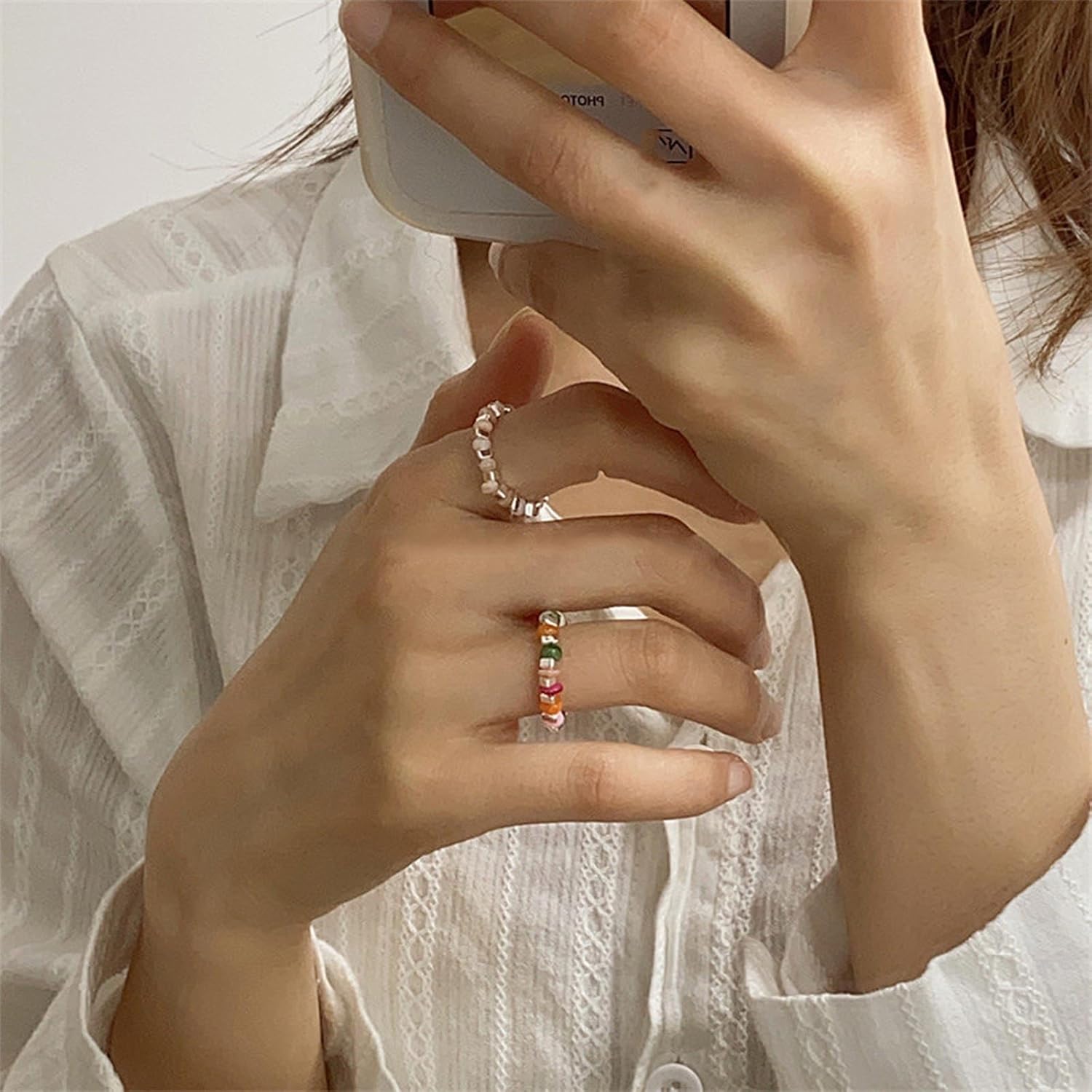 Boho Blue Bead Stretch Ring Beaded Stackable Ring Metal Bead Elastic Finger Ring Blue Bead Elastic Ring Handmade Stacking Ring Jewelry for Women - Image 6