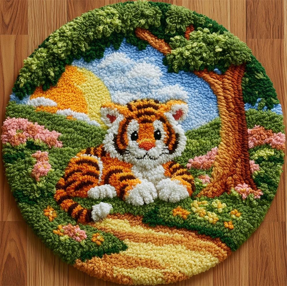 kitphoenix Rug Making Kit for Adults Tiger Under The Tree 20X20Inch (50X50Cm) DIY Craft Latch Hook Rug Kit Set Tapestry Cushion Patterns Printed Mesh Mat Canvas Wool Yarn
