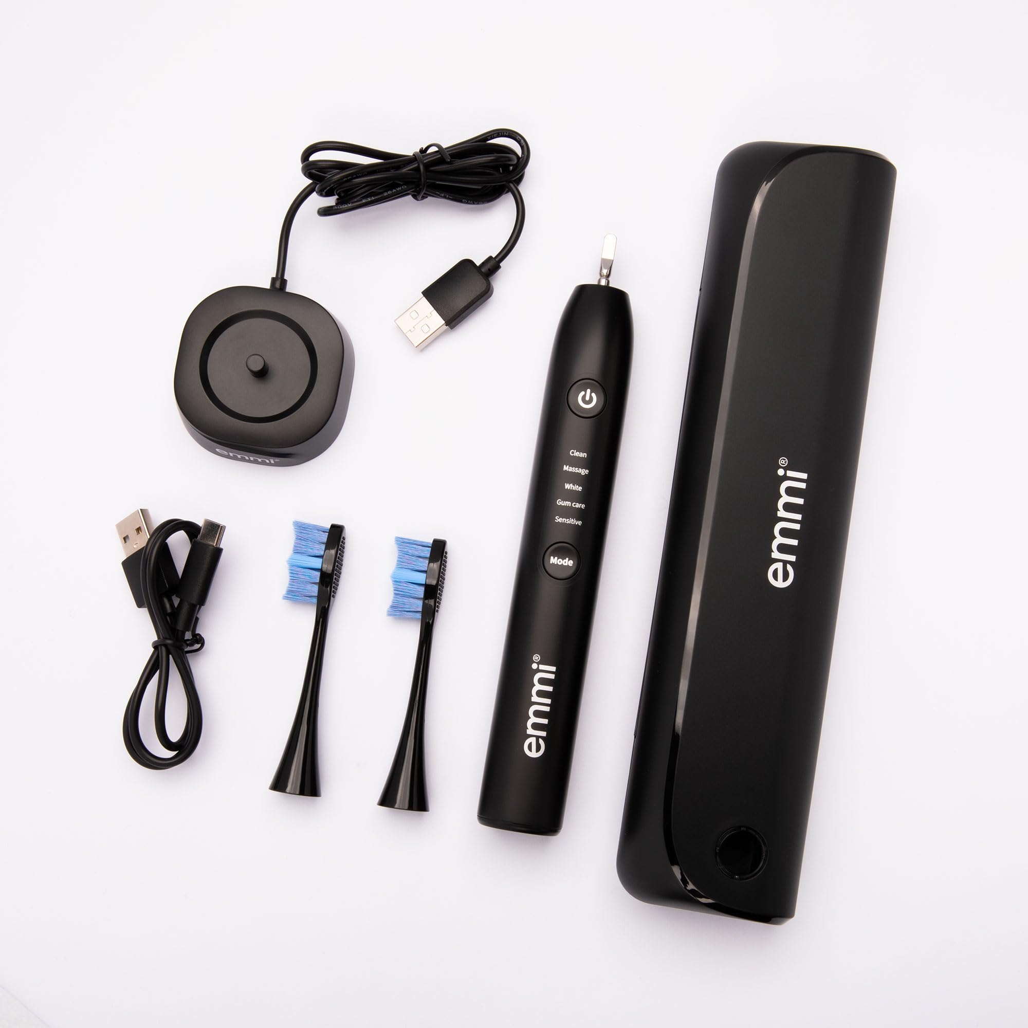 emmi Sonic Flex Schallzahnbürste – elektrische Zahnbürste mit 5 Modi & 25 Intensitätsstufen, UV-Reiseetui, kabelloses Laden & USB-C, bis zu 90 Tage Akku, inkl. 2 Aufsteckbürsten