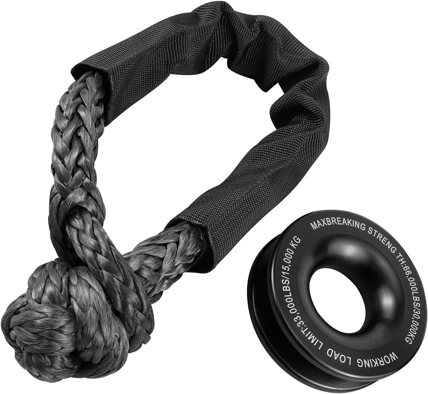 Bevinsee Heavy Duty Synthetic Soft Shackle Recovery Ring Kit, 1pc 66,000lbs Winch Snatch Recovery Ring + 1pc 33,000lbs Shackles Rope for ATV SUV UTV SXS, 4x4 Truck Tackle Winch Rope System Black