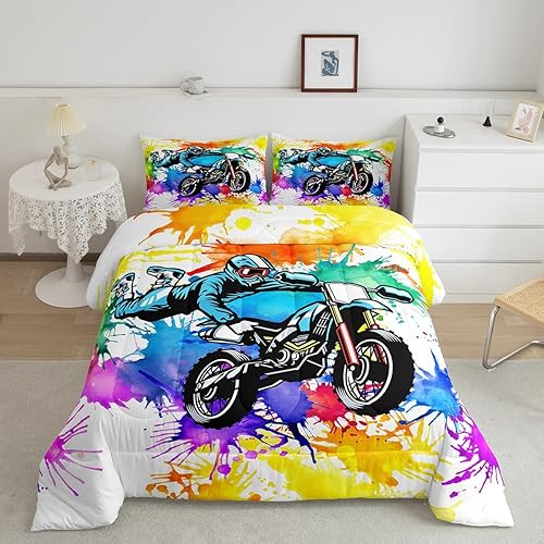 Erosebridal Juego de ropa de cama teñido anudado, juego de edredón deportivo de motocross para niños y adolescentes, edredón de motociclista, arte