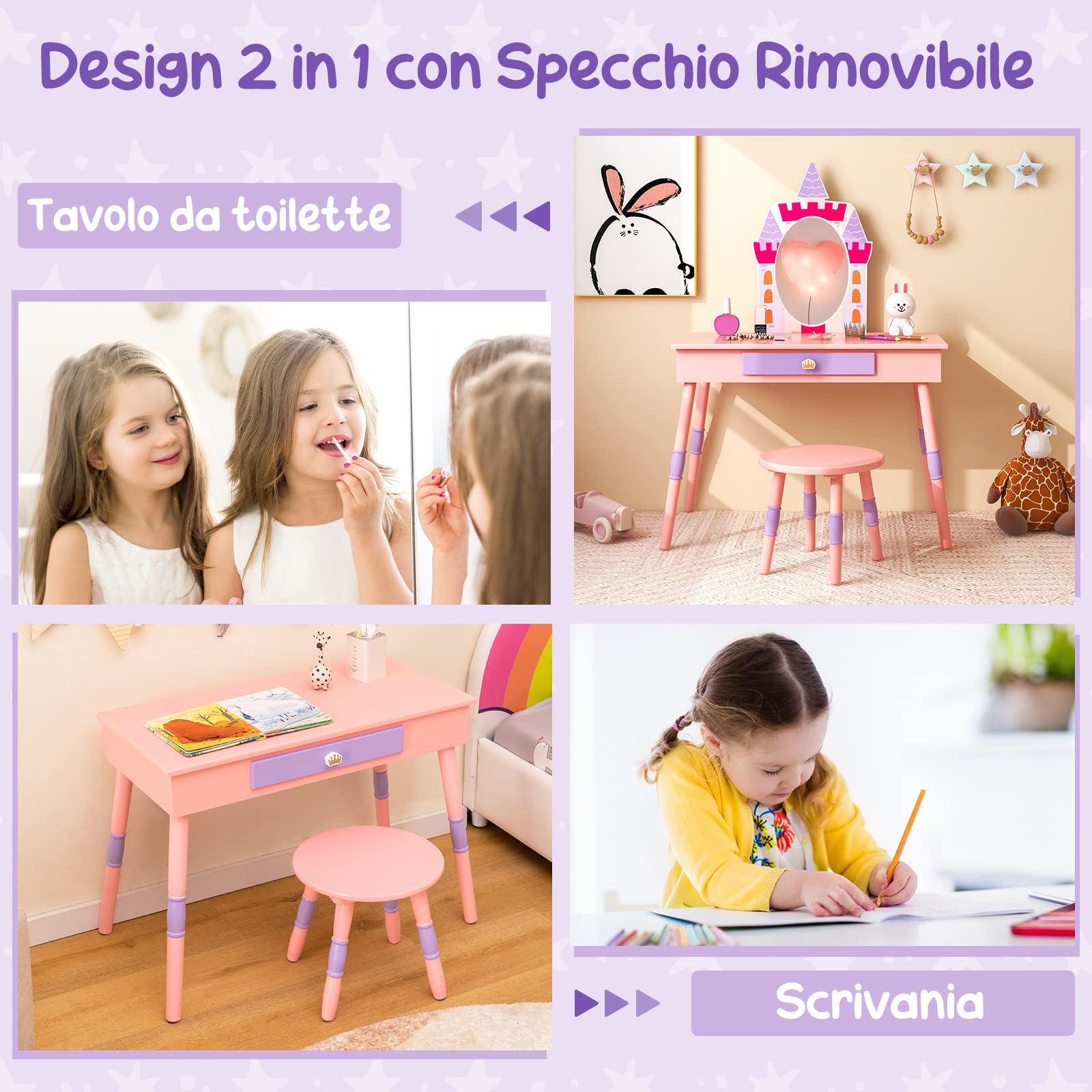 COSTWAY 2 in 1 Toeletta Trucco per Bambina 3+ Anni, Postazione Trucco per Ragazza in Legno con Sgabello e Cassetto e Accessori, 74 x 39 x 101 cm, Rosa