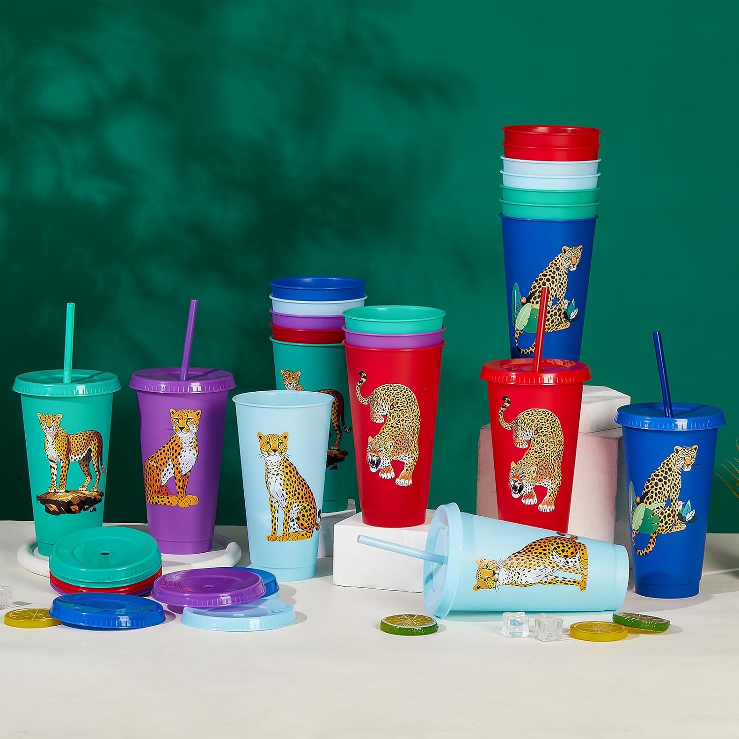 30 Pcs Cheetah Party Cups with Lid Straw 24 oz Plastic Drink Cups Reusable Bulk Leopard Tumblers for Cheetah Theme Party Favors Birthday Party Gifts