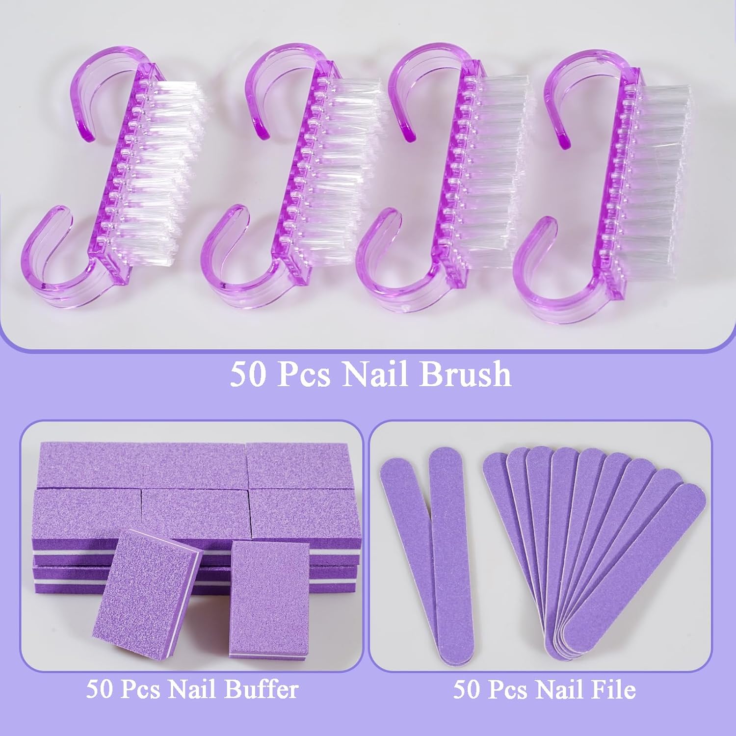 Disposable Manicure Kit Professional, 50 Set Press On Nail Tool Kit with Nail File, Nail Buffer, Nail Buffer Block, Nail Handle Brush, Wood Stick, Packaging Bag (Purple-50pcs)