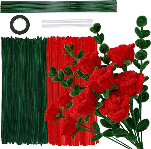 TOAOB 200pcs Pipe Cleaners Craft Supplies DIY Rose Bouquets Making Kit Red Chenille Stems Artificial Flowers Craft Kit for DIY Art and Crafts Party Wedding Home Decorations