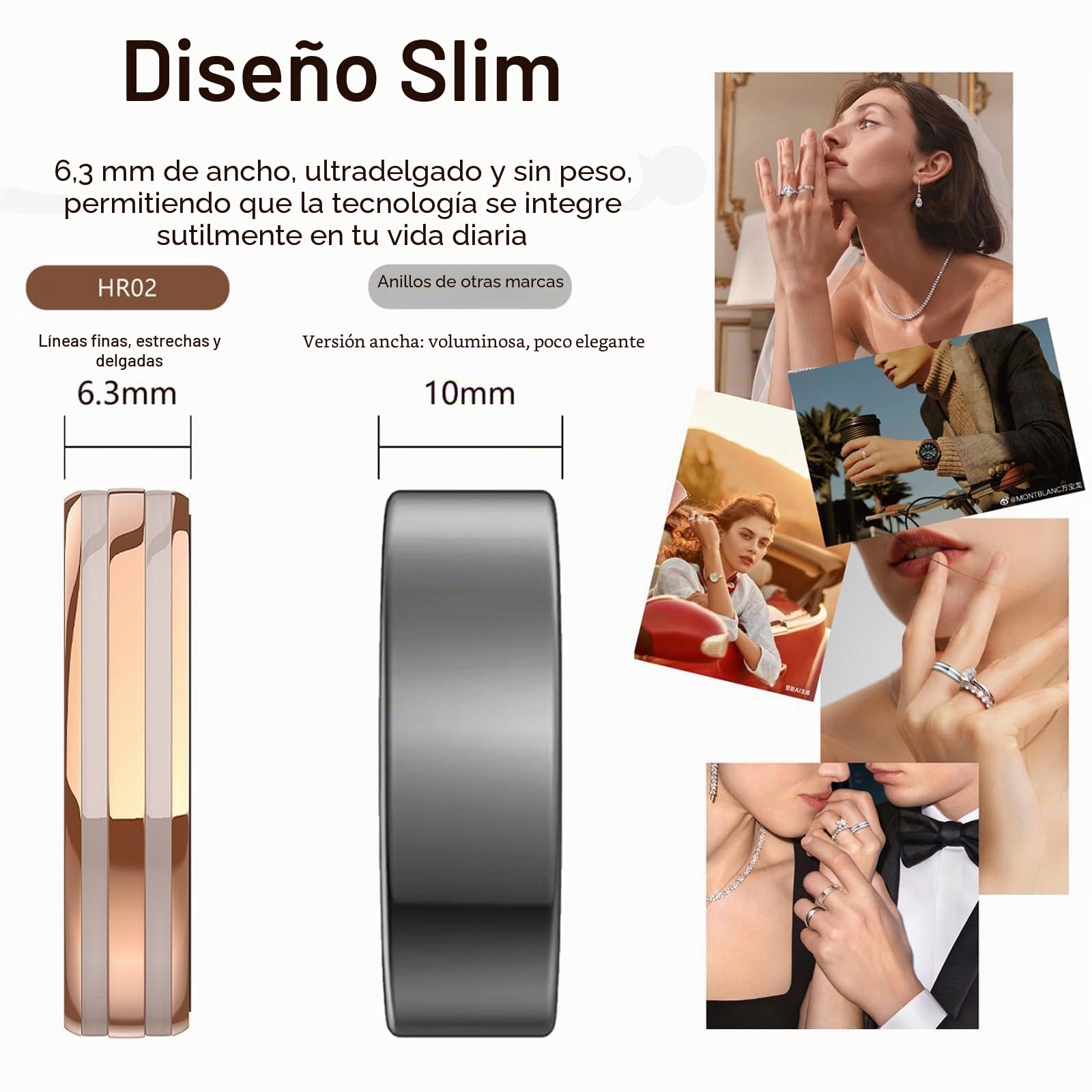 findtime Anillo inteligente ultra estrecho delgado para fitness, monitor de frecuencia cardíaca, rastreador de sueño, oxígeno en sangre, contador de pasos, podómetro, impermeable, anillos inteligentes