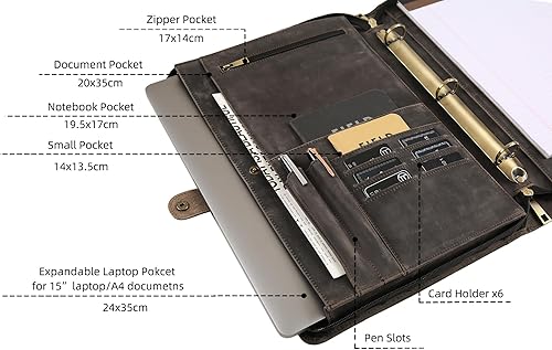 Miniatura 4 de Portafolio personalizado para hombres, organizador de cartera de tamaño legal de 8.5 x 14 pulgadas, carpeta de cuero con 3 anillos, portapapeles de