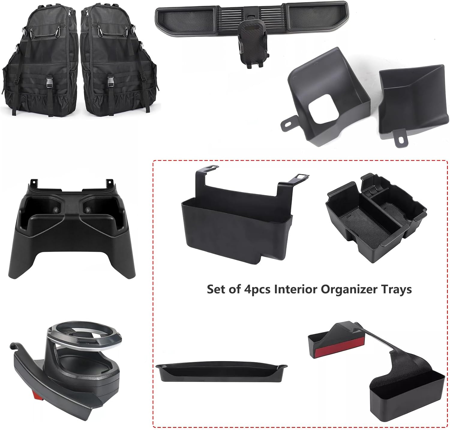4PCS Storage Accessories for 2024 2025 Jeep Wrangler JL JLU 4XE & Gladiator JT Center Console Organizer Hanging Armrest Storage Box Gear Shift Side Tray Passenger Grab Bar Tray (Black)