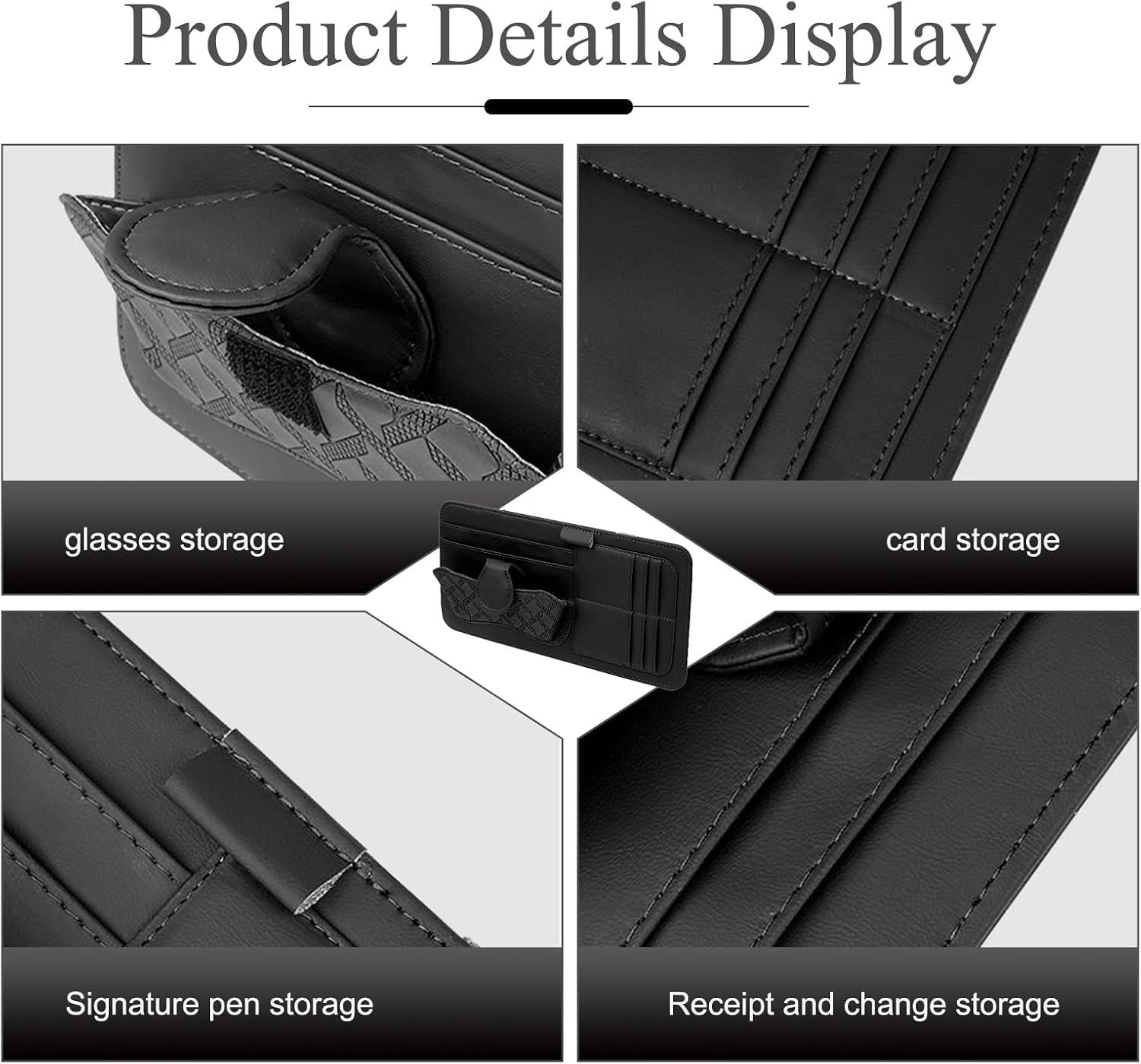Car Sun Visor Organizer, Leather Multi-Pocket Auto Visor Storage Pouch for Sunglasses Cards License, Waterproof Car Interior Space-Saving Accessories, Universal for Most Cars (Black) image 4