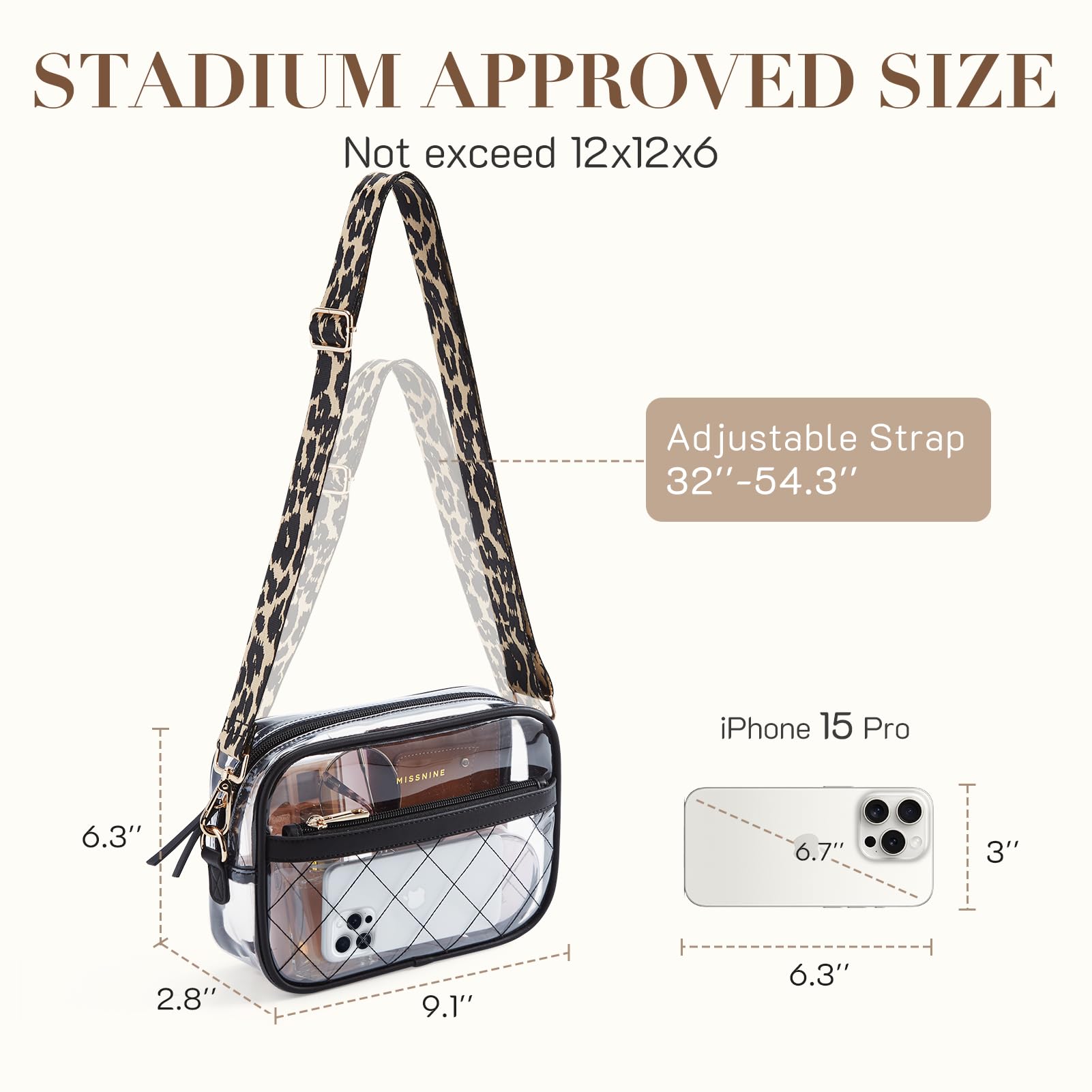 Missnine Borsa trasparente per eventi dello stadio Borsa trasparente trapuntata per le donne Borsa da concerto a tracolla in PVC approvata dallo stadio