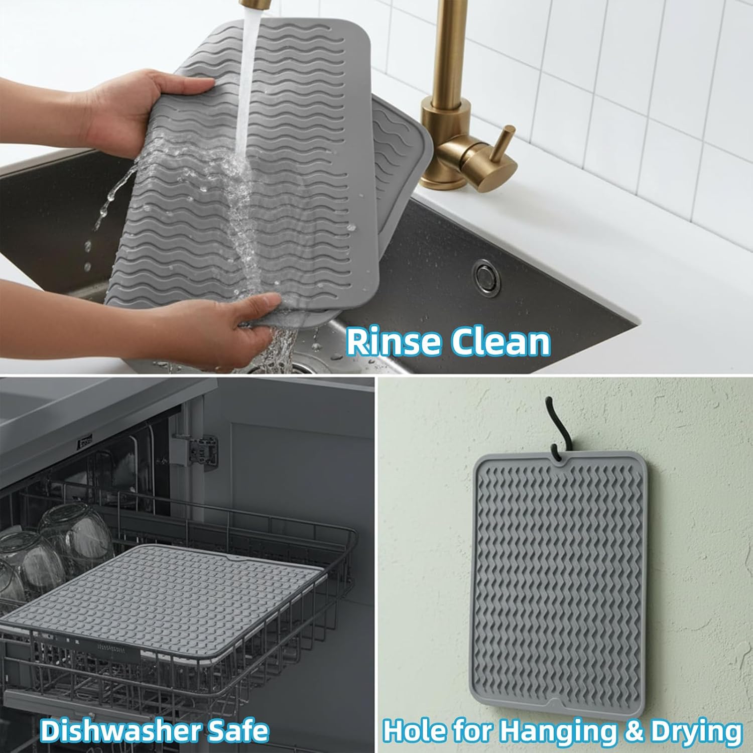 Silicone Dish Drying Mat for Multiple Usage,Easy clean,Eco-friendly,Heat-resistant Silicone Mat for Kitchen Counter or Sink,Refrigerator or drawer liner (Gray, 19.69")